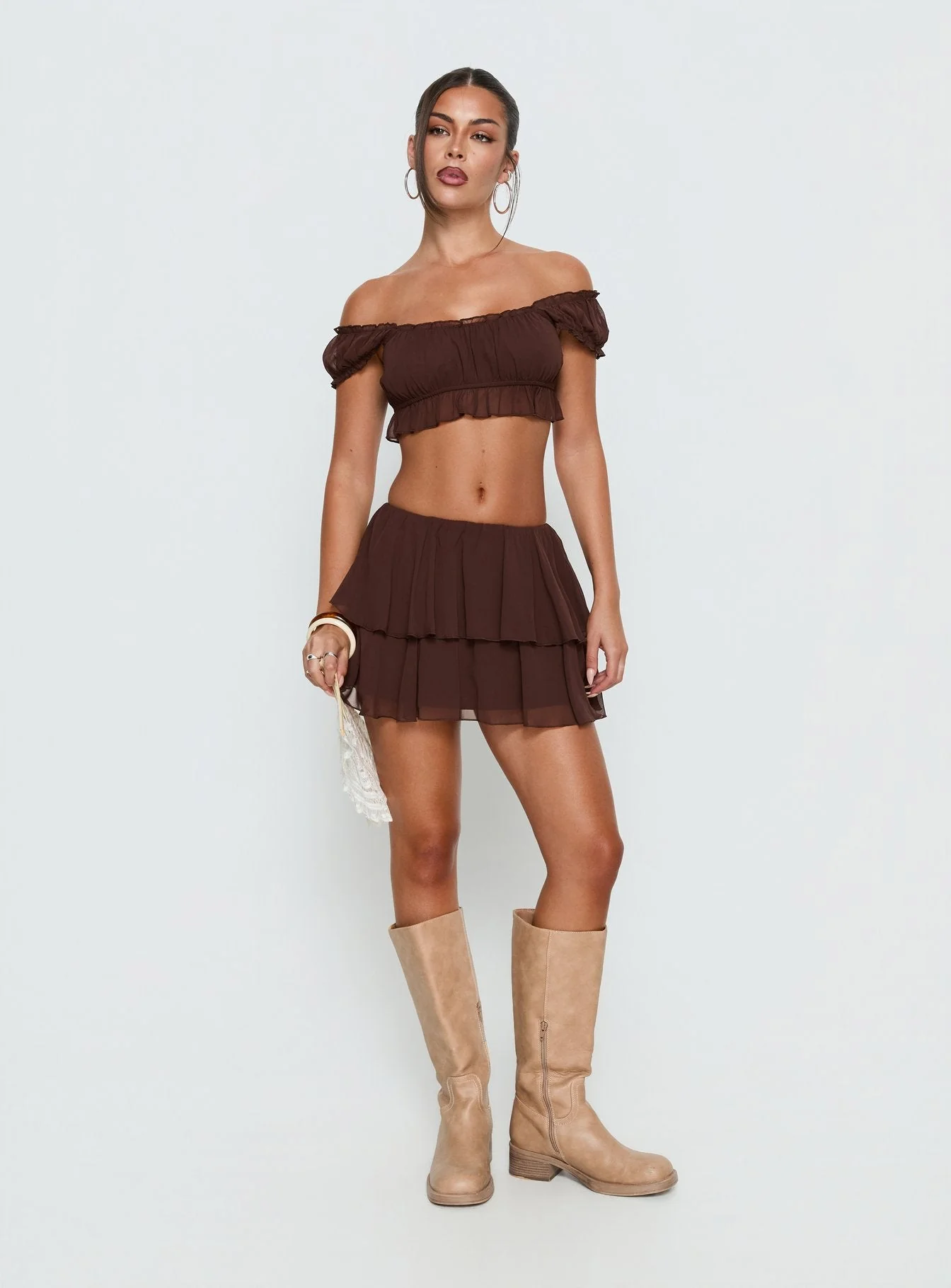 Ackee Ruched Off Shoulder Top Brown - Image 3