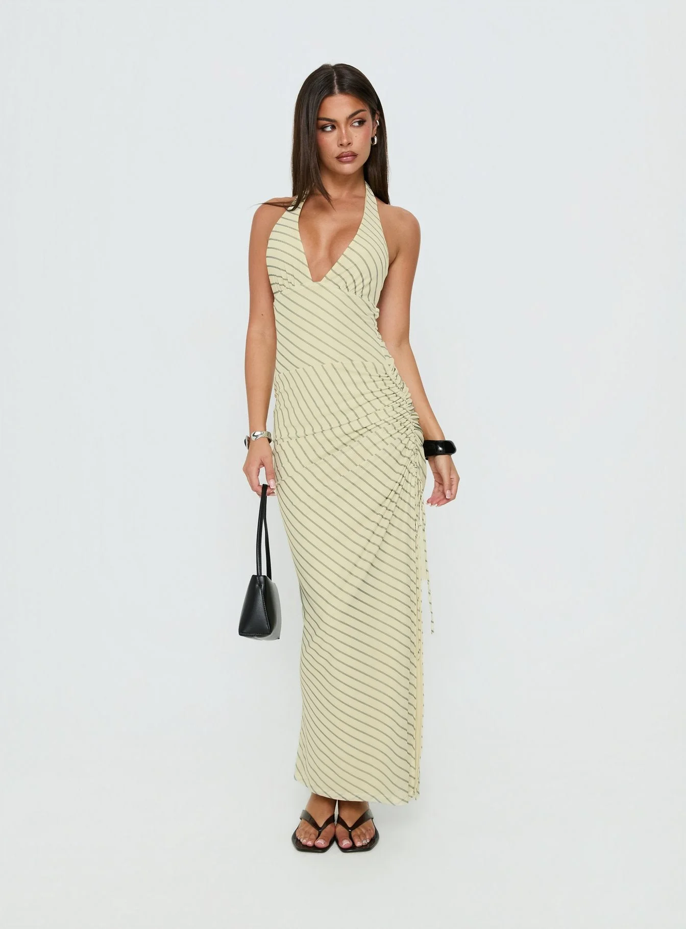 Adolena Halter Ruched Maxi Dress Yellow Stripe - Image 2