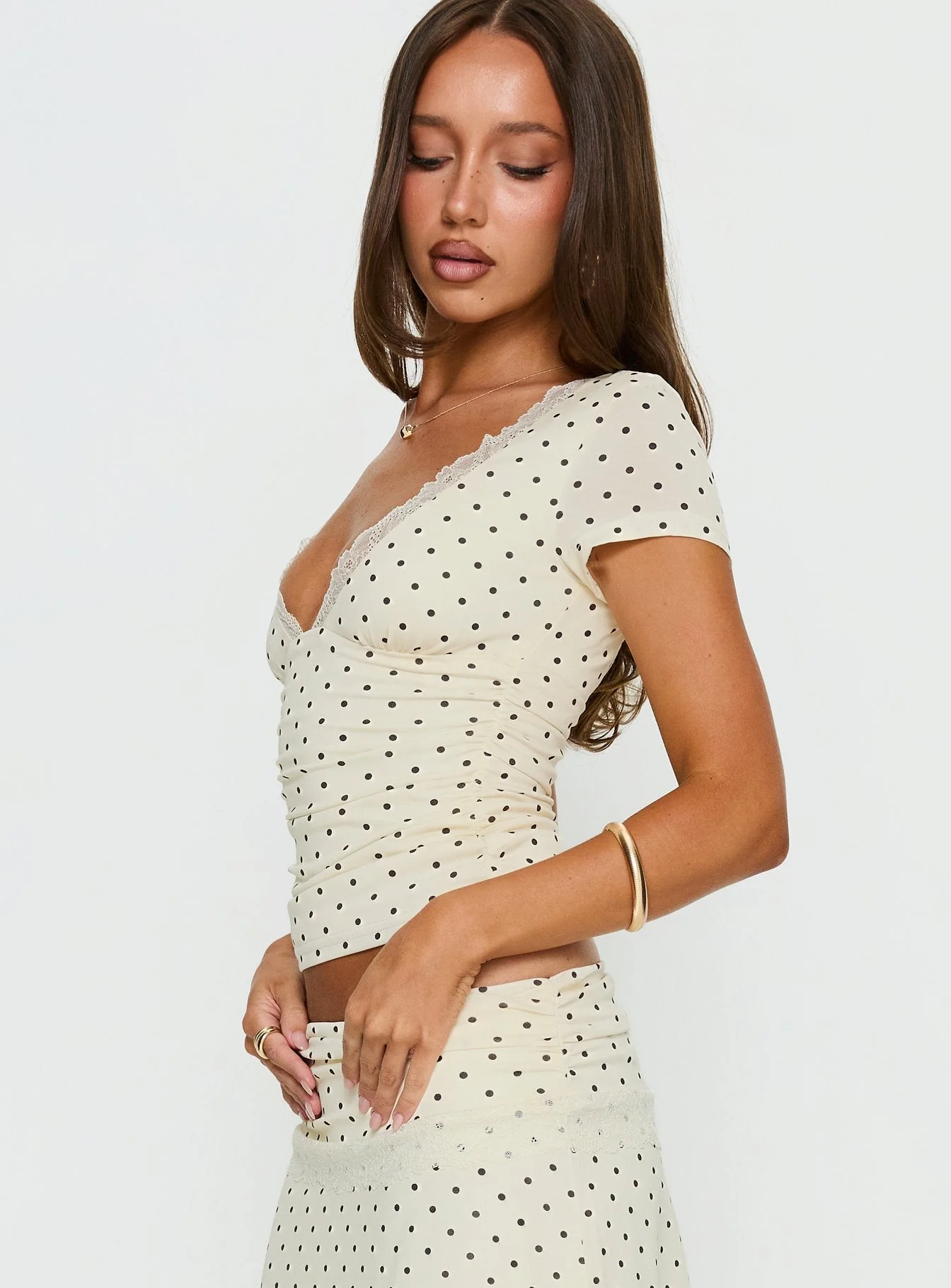 Amia Lace V Neck Top Cream Polka Dot - Image 4