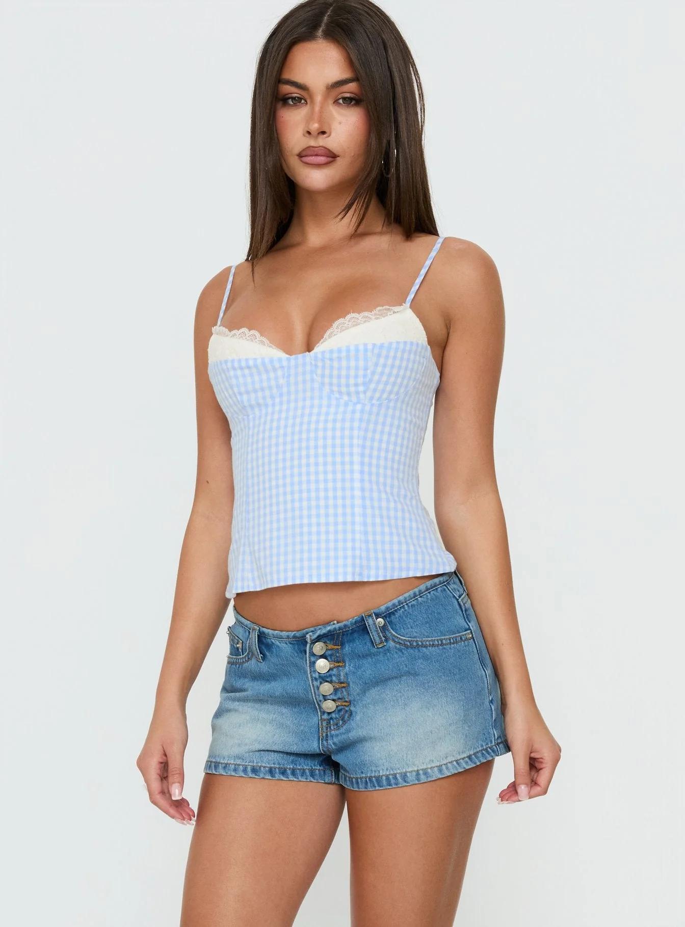 Baby Steps Spliced Bust Detail Cami Top Blue Gingham - Image 2