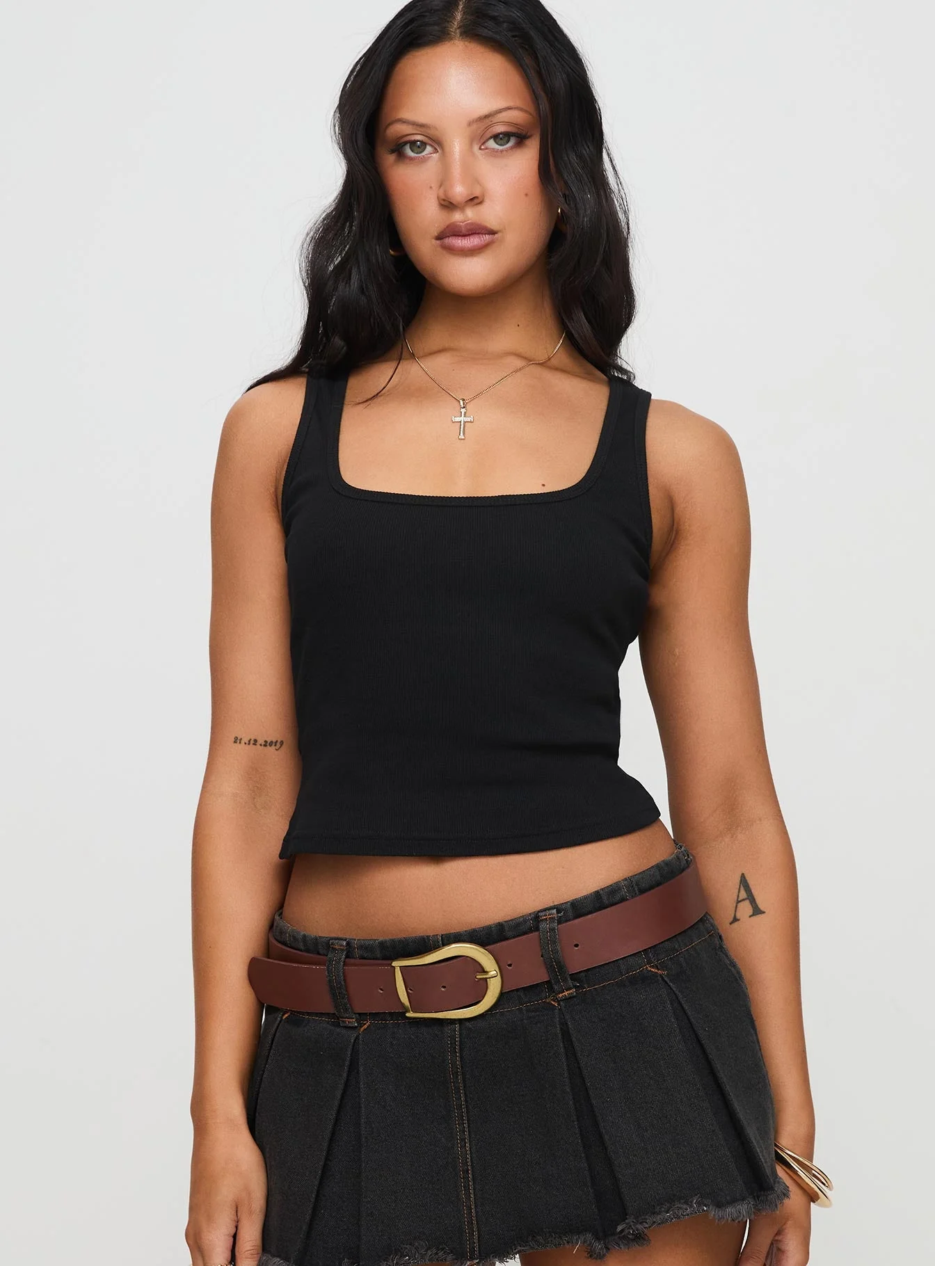 Baseline Square Neck Rib Vest Top Black - Image 2
