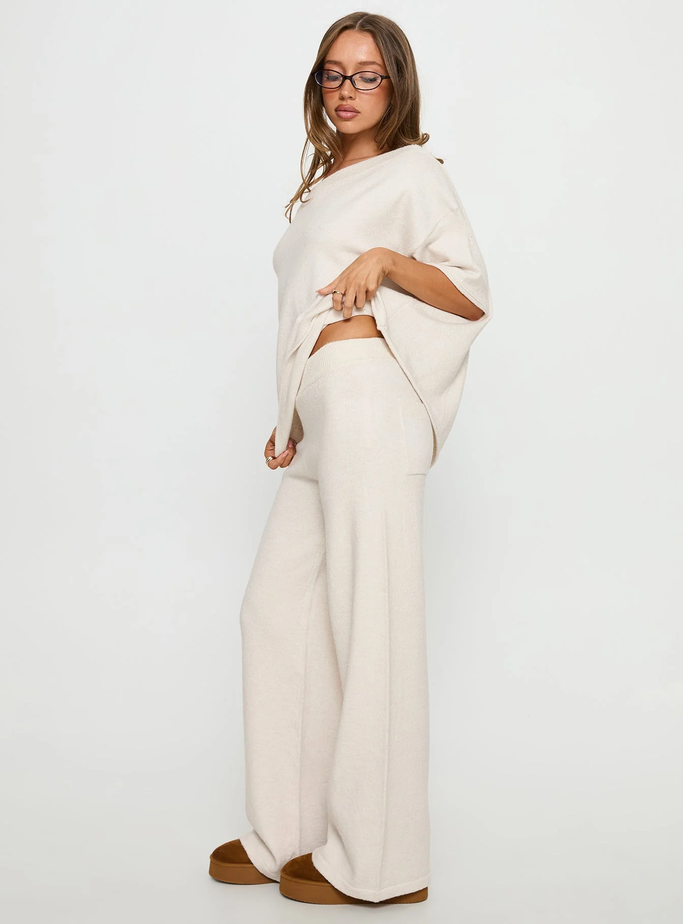 Bekki Wide Leg Knit Trousers Oat - Image 4