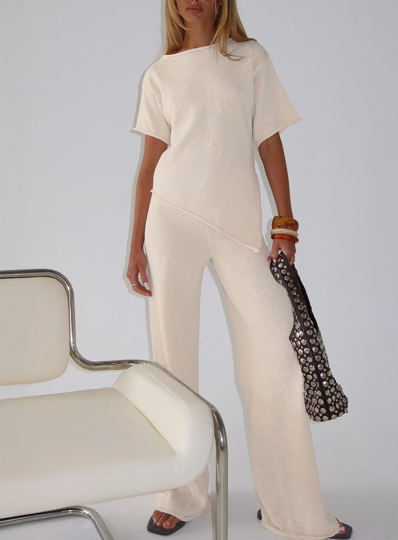 Calisse Knit Wide Leg Trousers Beige