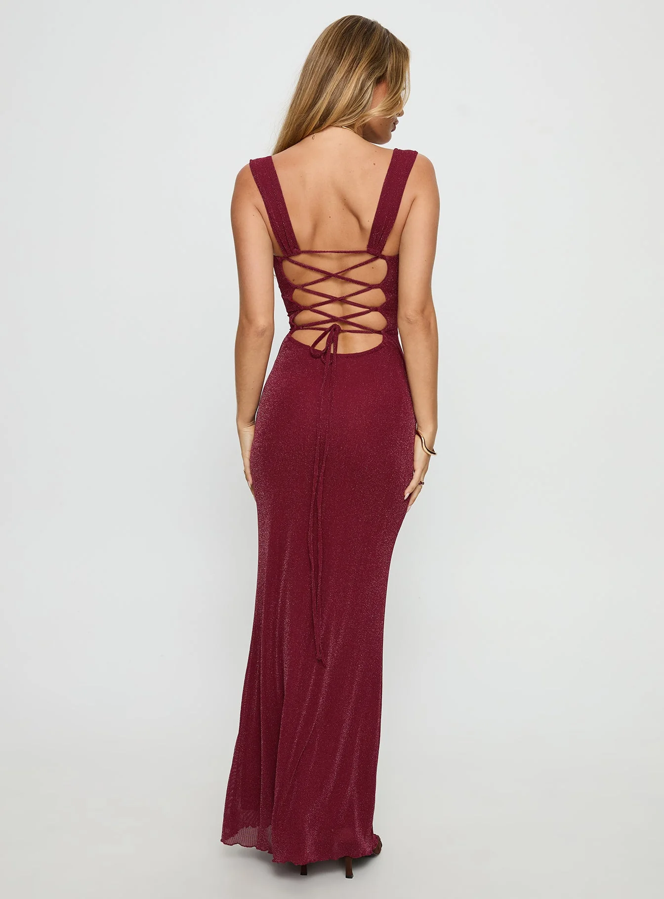 Crisanto Tie Up Ruched Maxi Dress Burgundy - Image 5