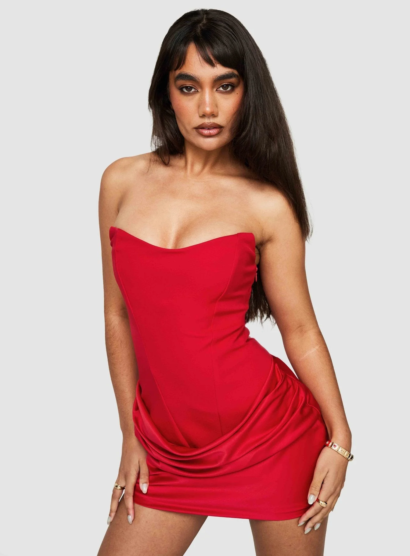 Delmina Strapless Drop Waist Satin Mini Dress Red - Image 8