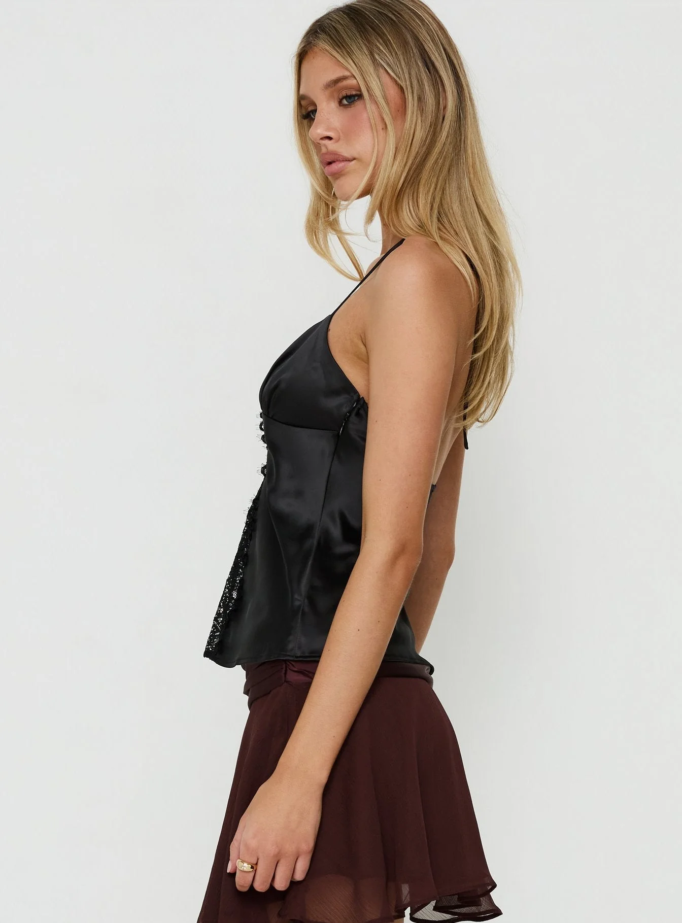 Deyla Lace Detail Tie Neck Satin Top Black - Image 3
