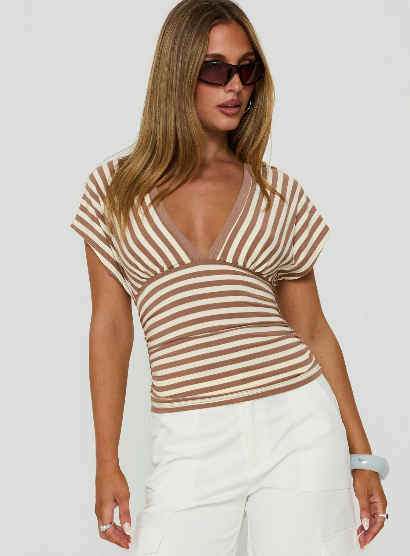 Eleanorre Batwing V Neck Top Brown Stripe - Image 2