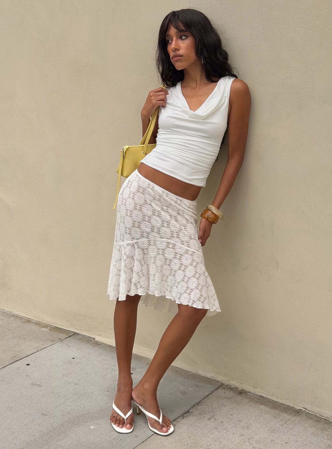 Elphie Sheer Lace Midi Skirt White