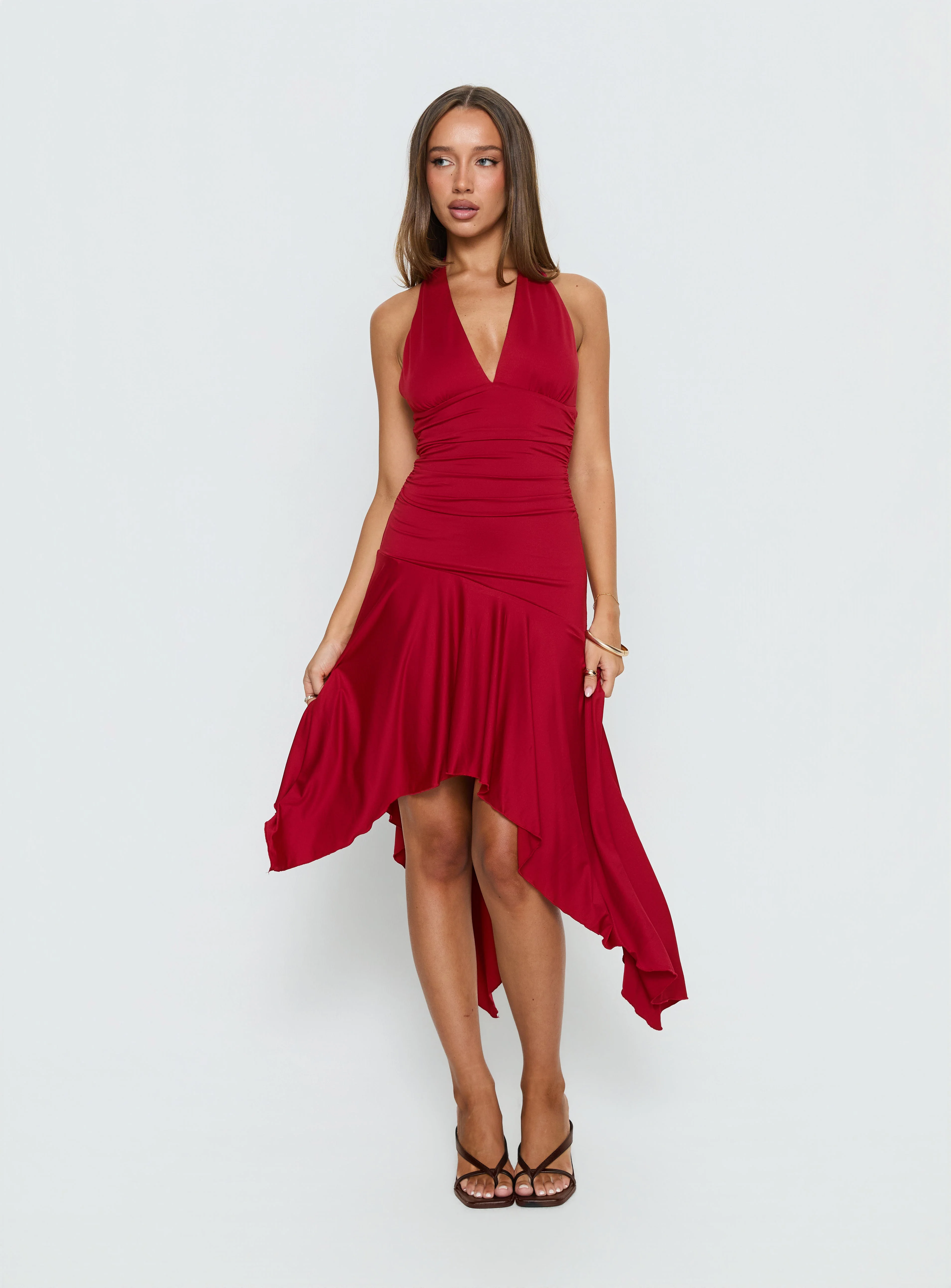 Emara Halter Asymmetrical Midi Dress Red - Image 2