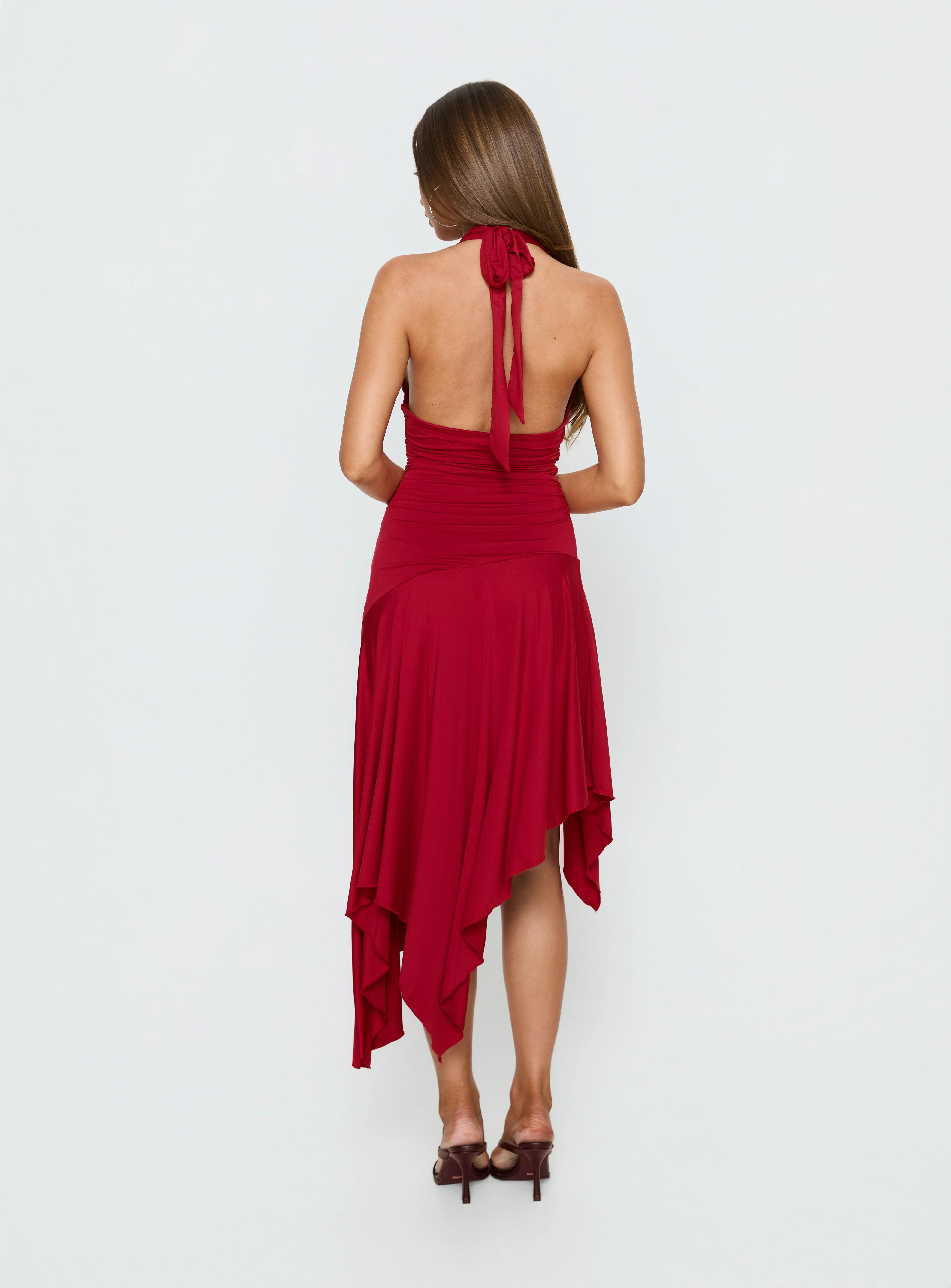 Emara Halter Asymmetrical Midi Dress Red - Image 5