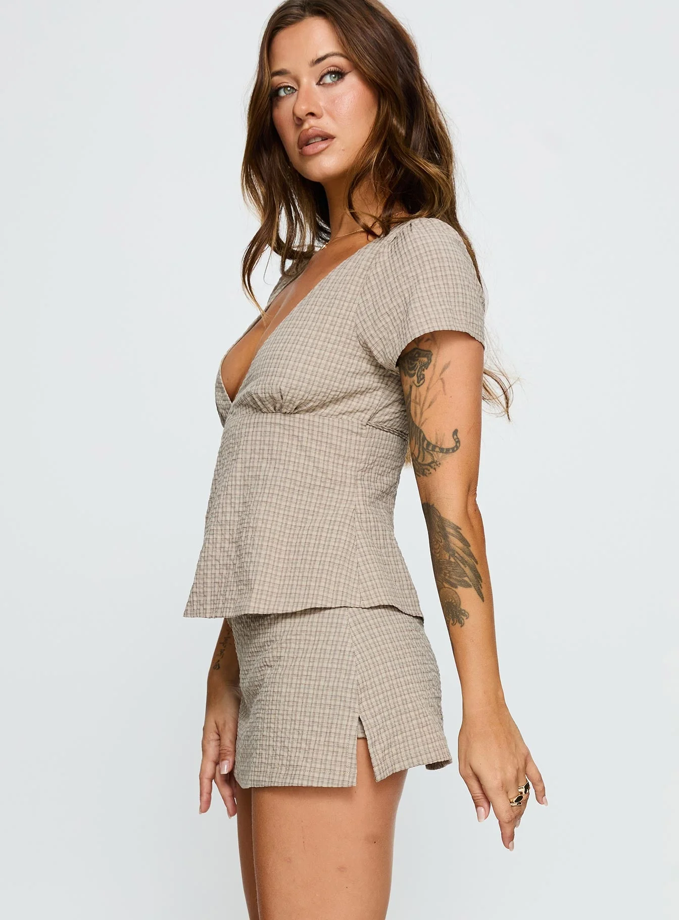 Emmilou Wrap Co-ord Brown Check - Image 4