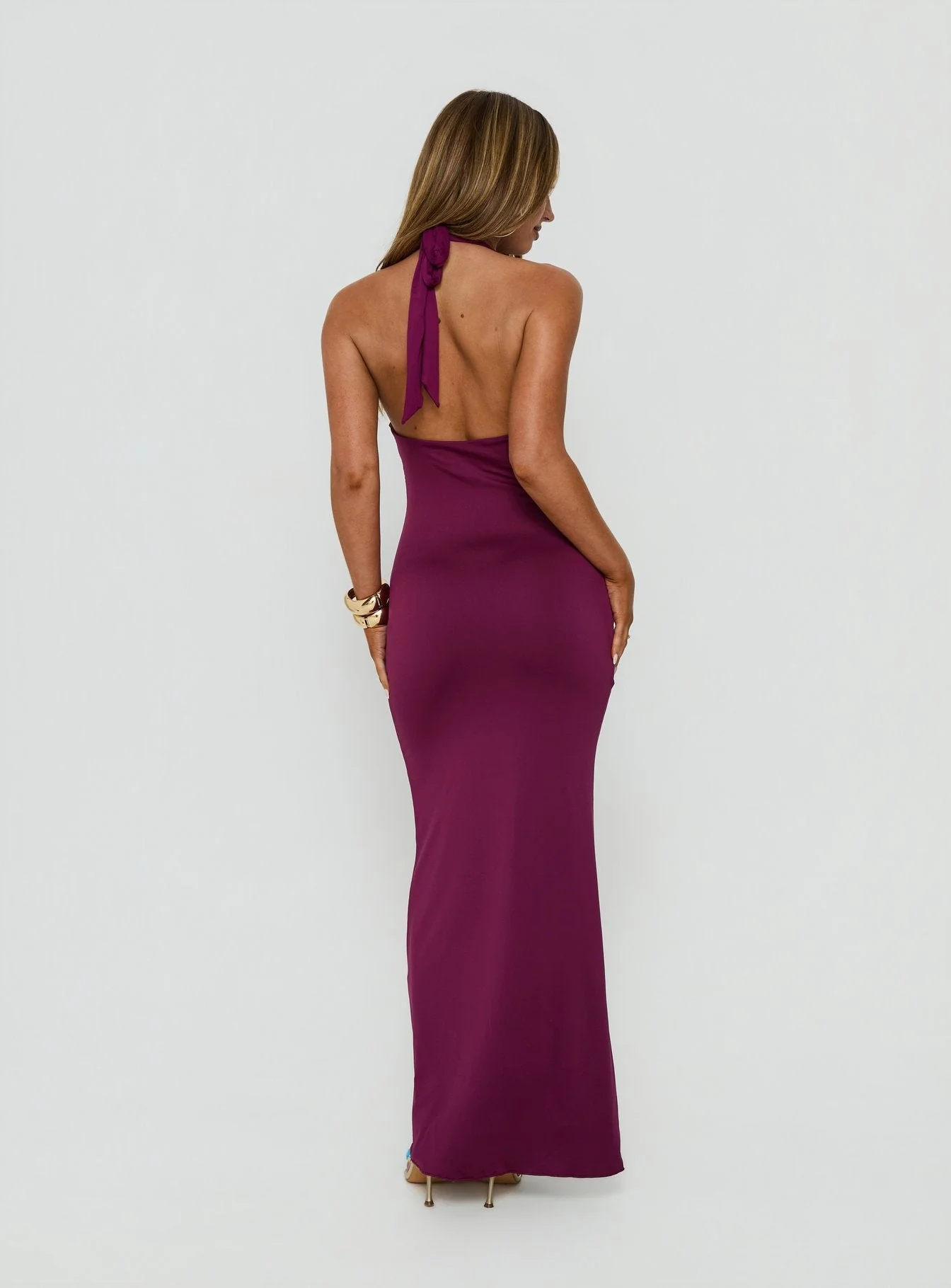 Erene Ruched Halter Maxi Dress Berry - Image 4