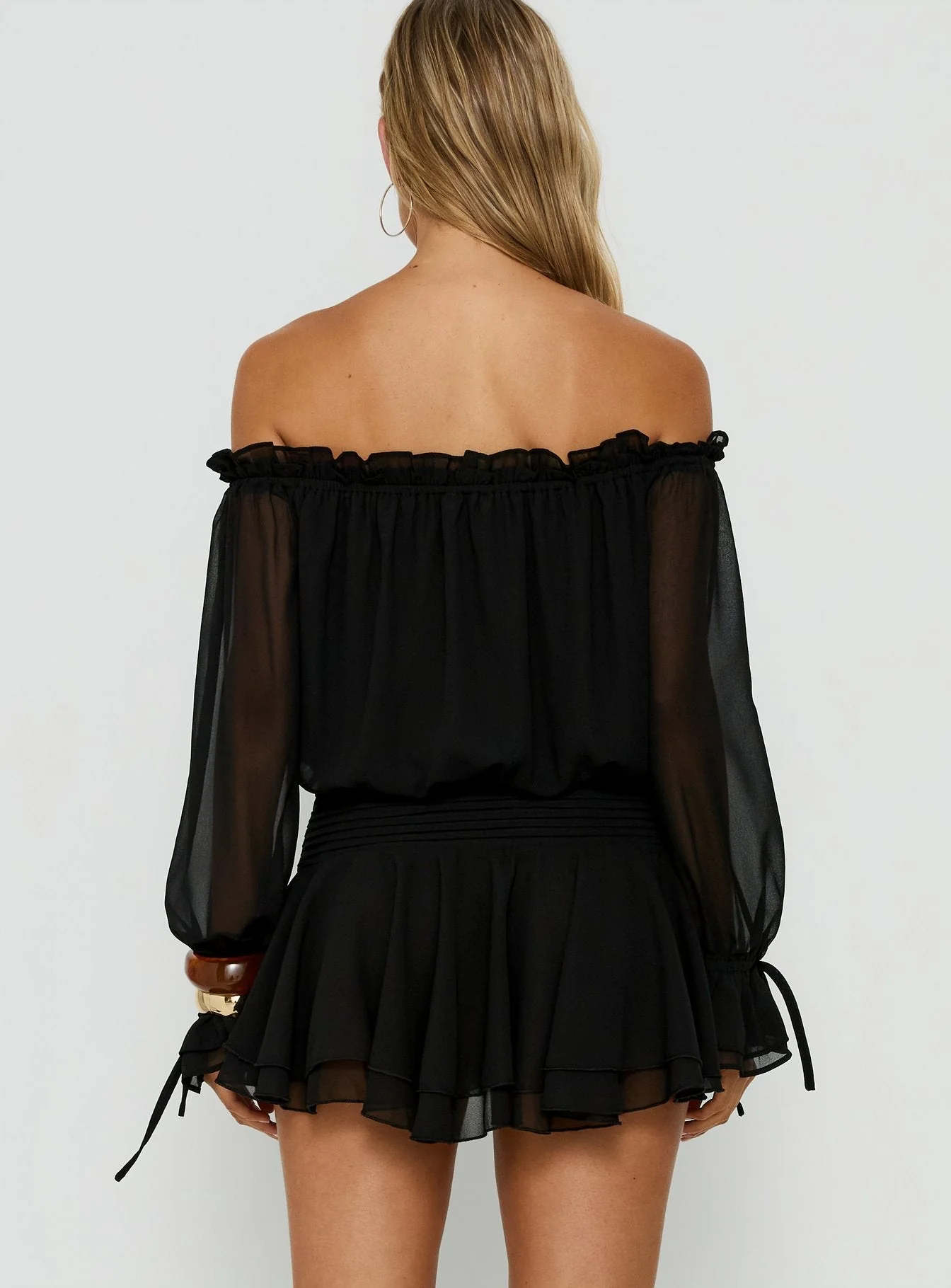 Felicita Off Shoulder Long Sleeve Chiffon Mini Dress Black - Image 4