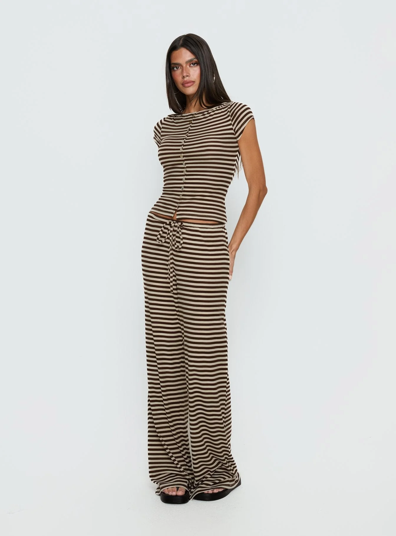 Gavrielle Jersey Wide Leg Trousers Chocolate / Cream Stripe - Image 3