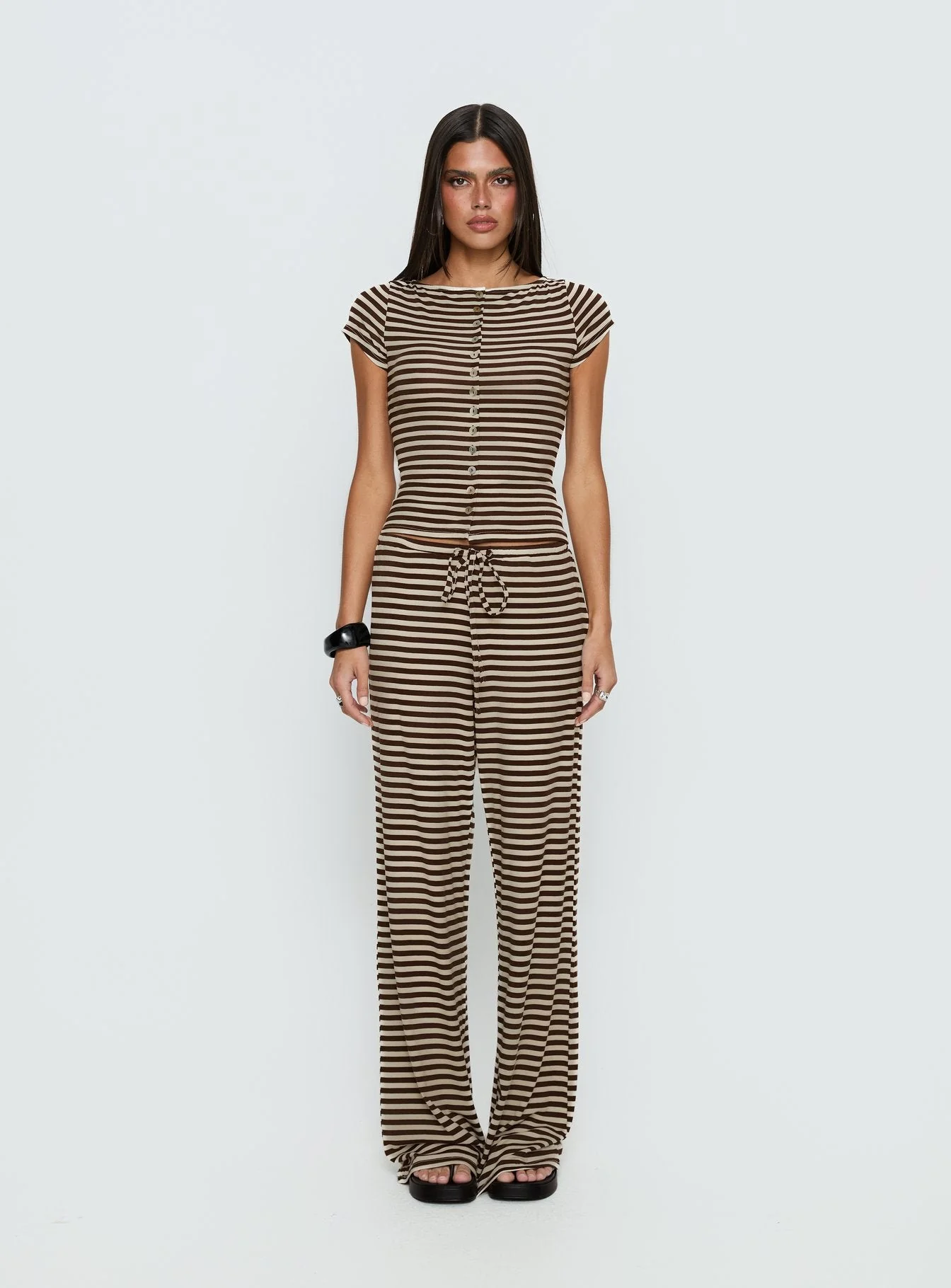 Gavrielle Jersey Wide Leg Trousers Chocolate / Cream Stripe - Image 7