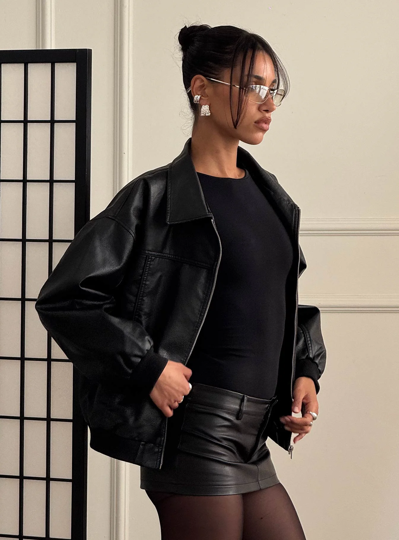 Goldsmith Faux Leather Bomber Jacket Black - Image 9