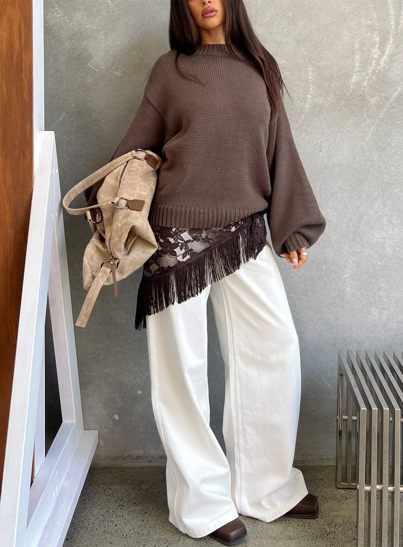 Harmony Balloon Sleeve Knit Sweater Dark Brown - Image 11