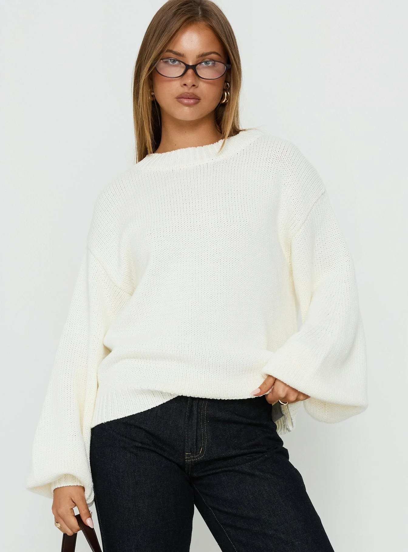 Harmony Balloon Sleeve Knit Sweater White - Image 2