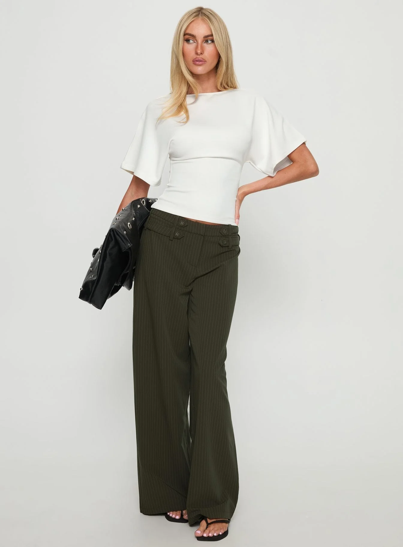 Jette Tailored Buckle Trousers Green Pinstripe - Image 3
