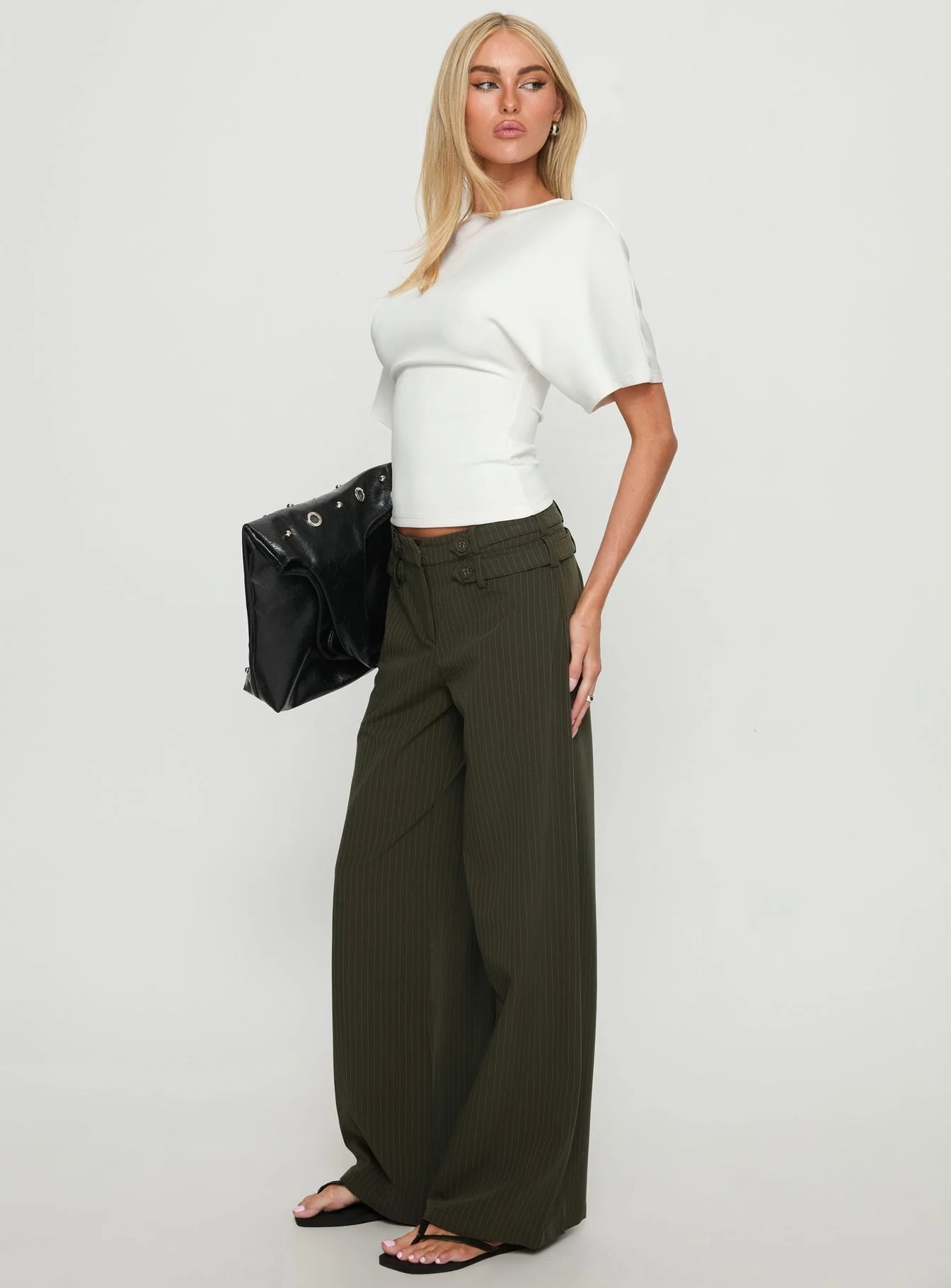 Jette Tailored Buckle Trousers Green Pinstripe - Image 4