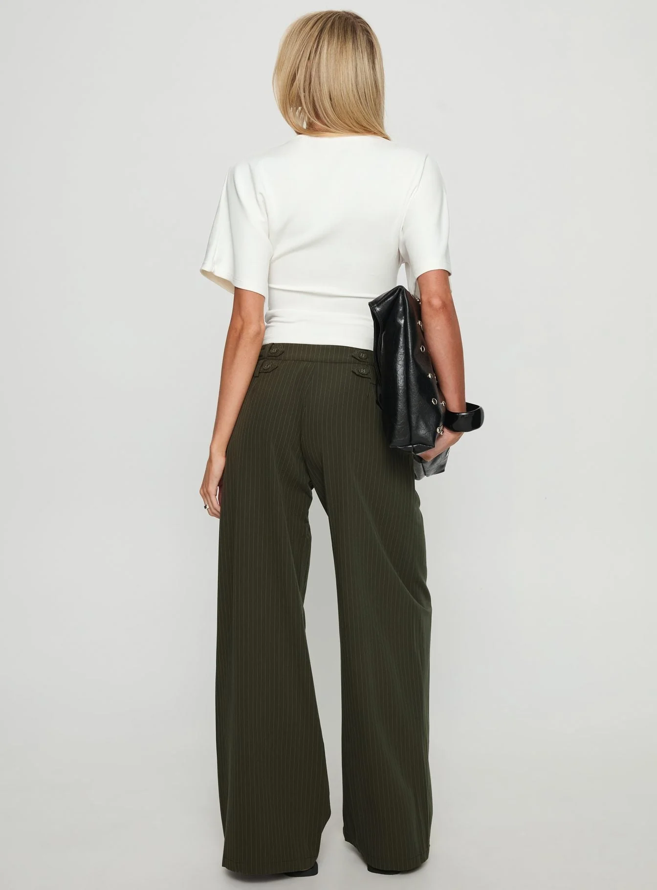 Jette Tailored Buckle Trousers Green Pinstripe - Image 5