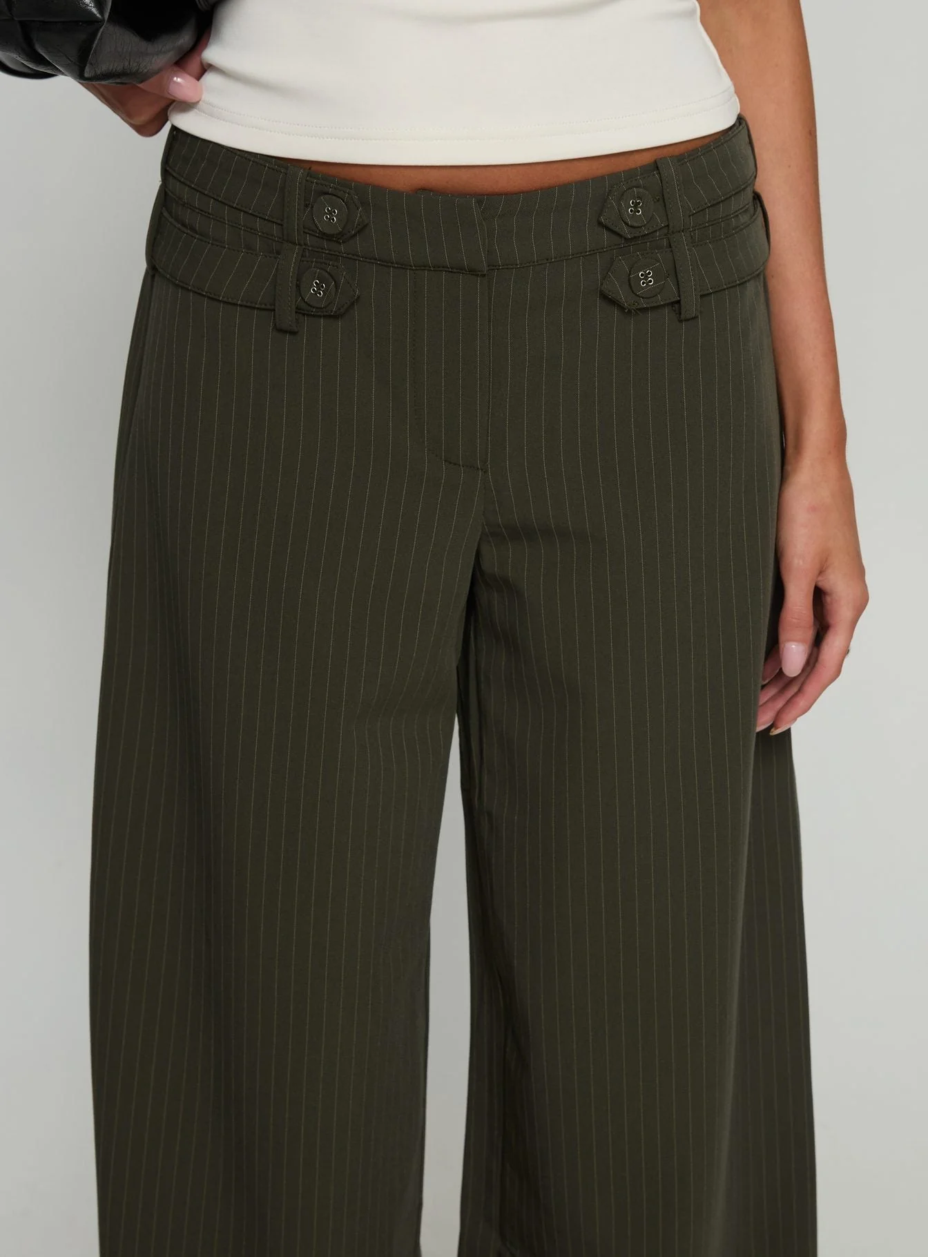 Jette Tailored Buckle Trousers Green Pinstripe - Image 6