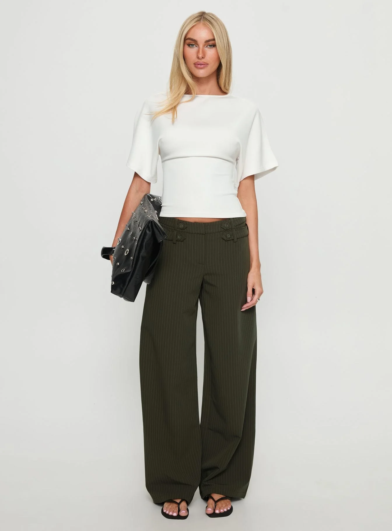 Jette Tailored Buckle Trousers Green Pinstripe - Image 7