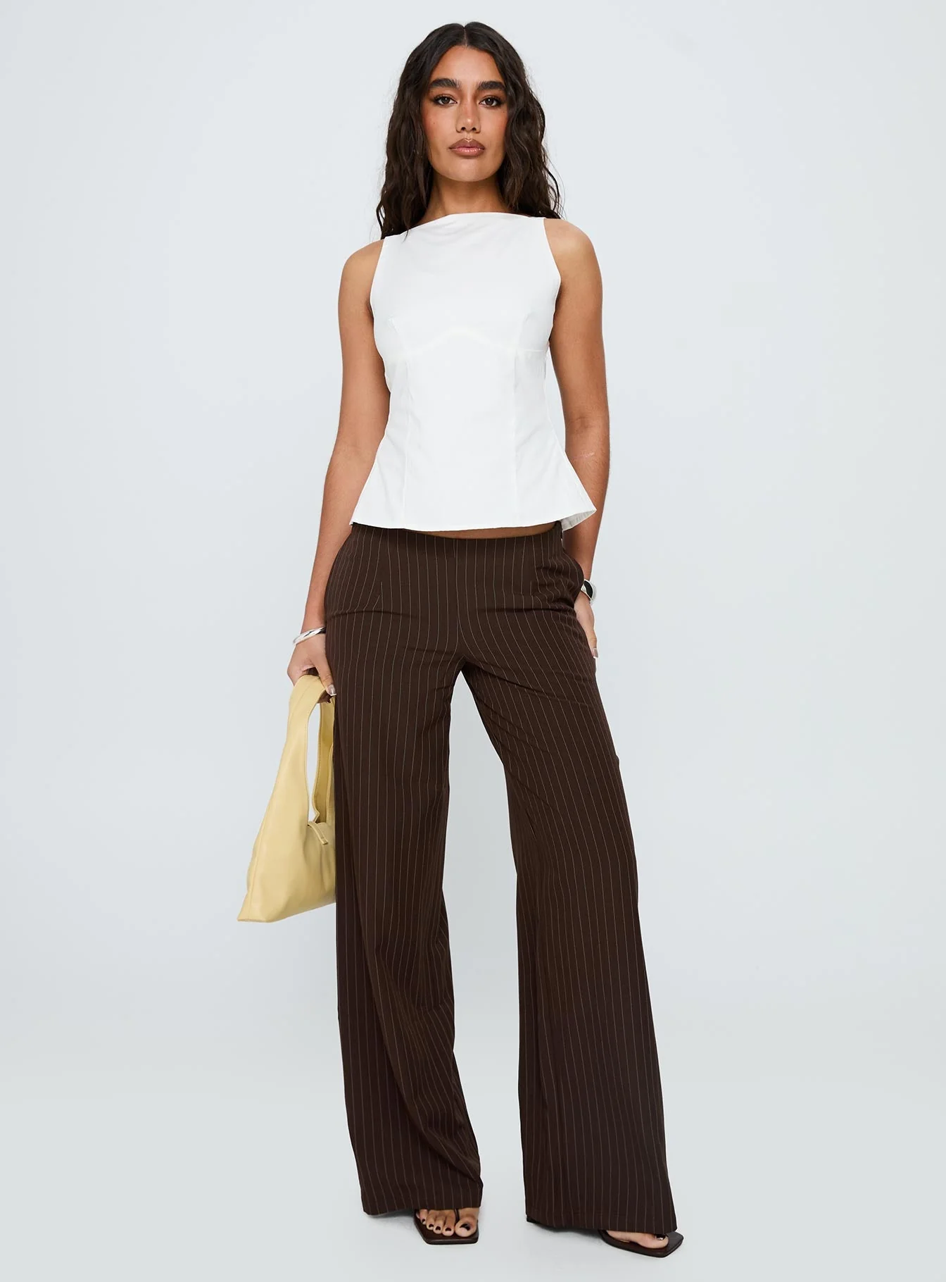 Khane Low Rise Wide Leg Trousers Brown Pinstripe - Image 3