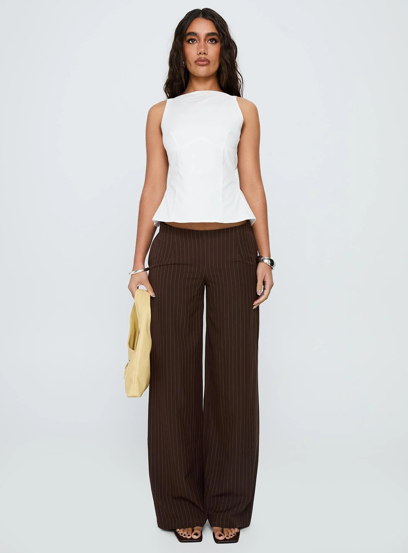 Khane Low Rise Wide Leg Trousers Brown Pinstripe - Image 7