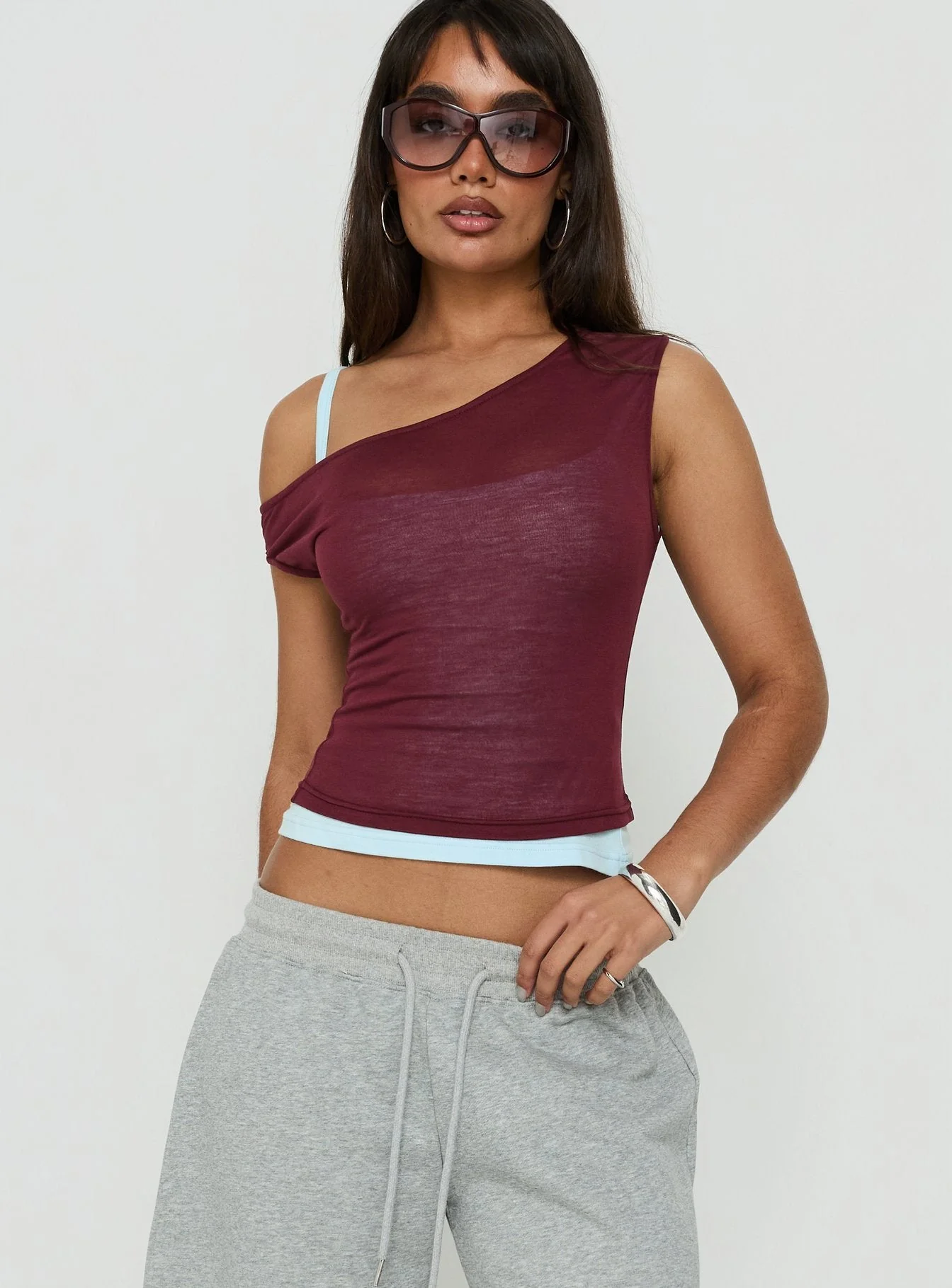 Klaretta Off Shoulder Draped Layered Top Burgundy / Blue - Image 2