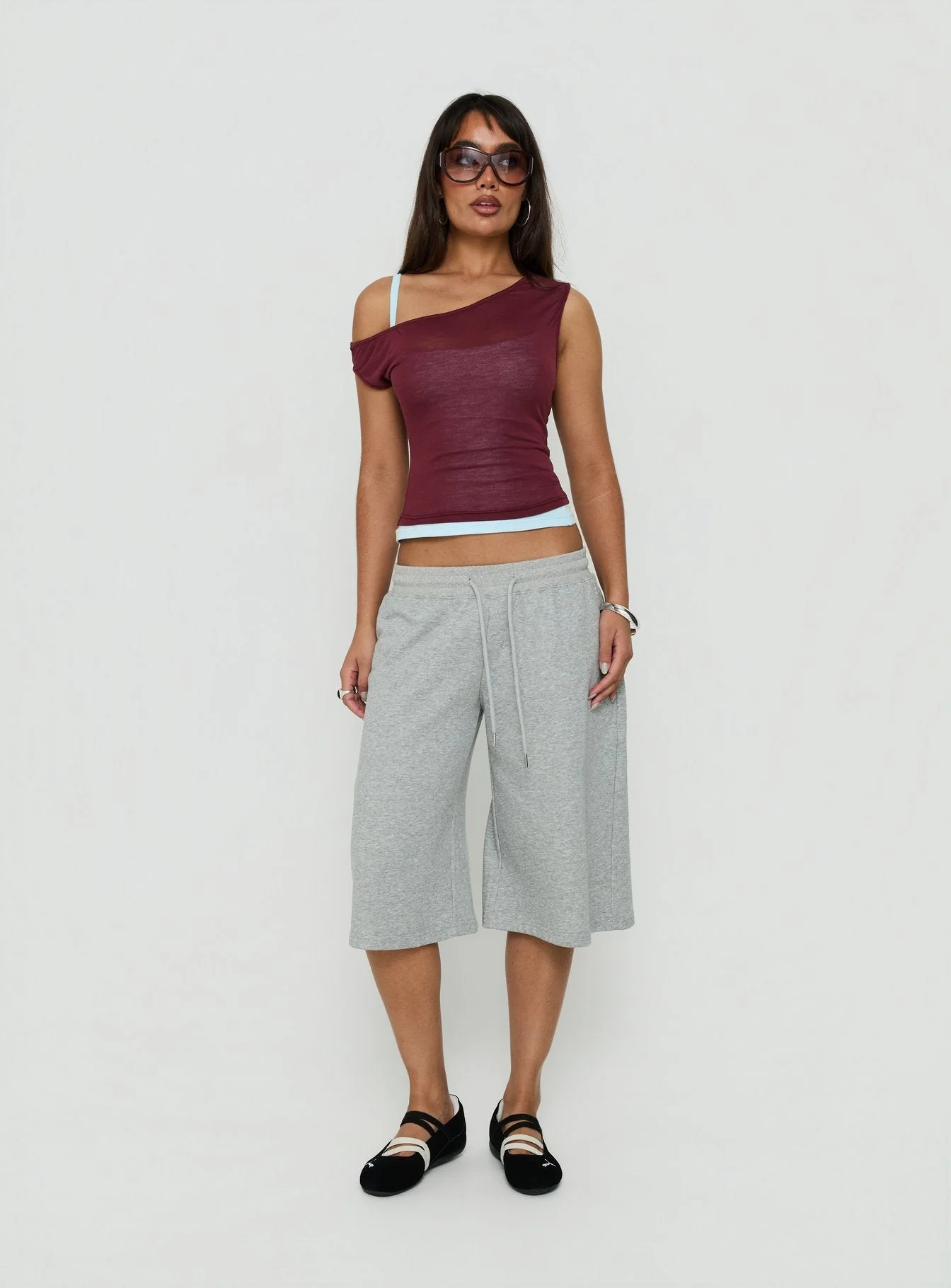 Klaretta Off Shoulder Draped Layered Top Burgundy / Blue - Image 3