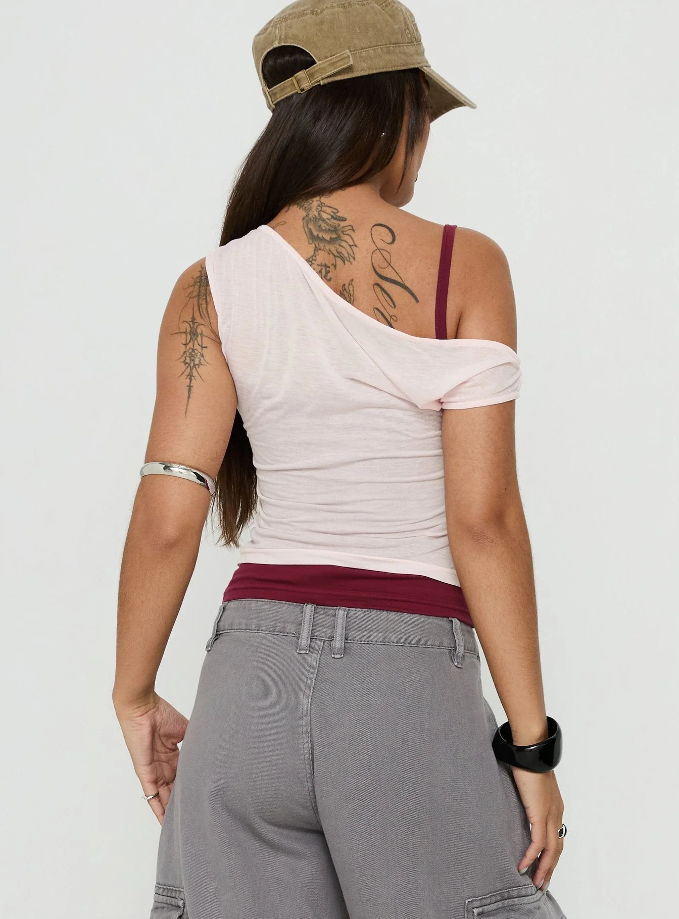 Klaretta Off Shoulder Draped Layered Top Pink / Burgundy - Image 4