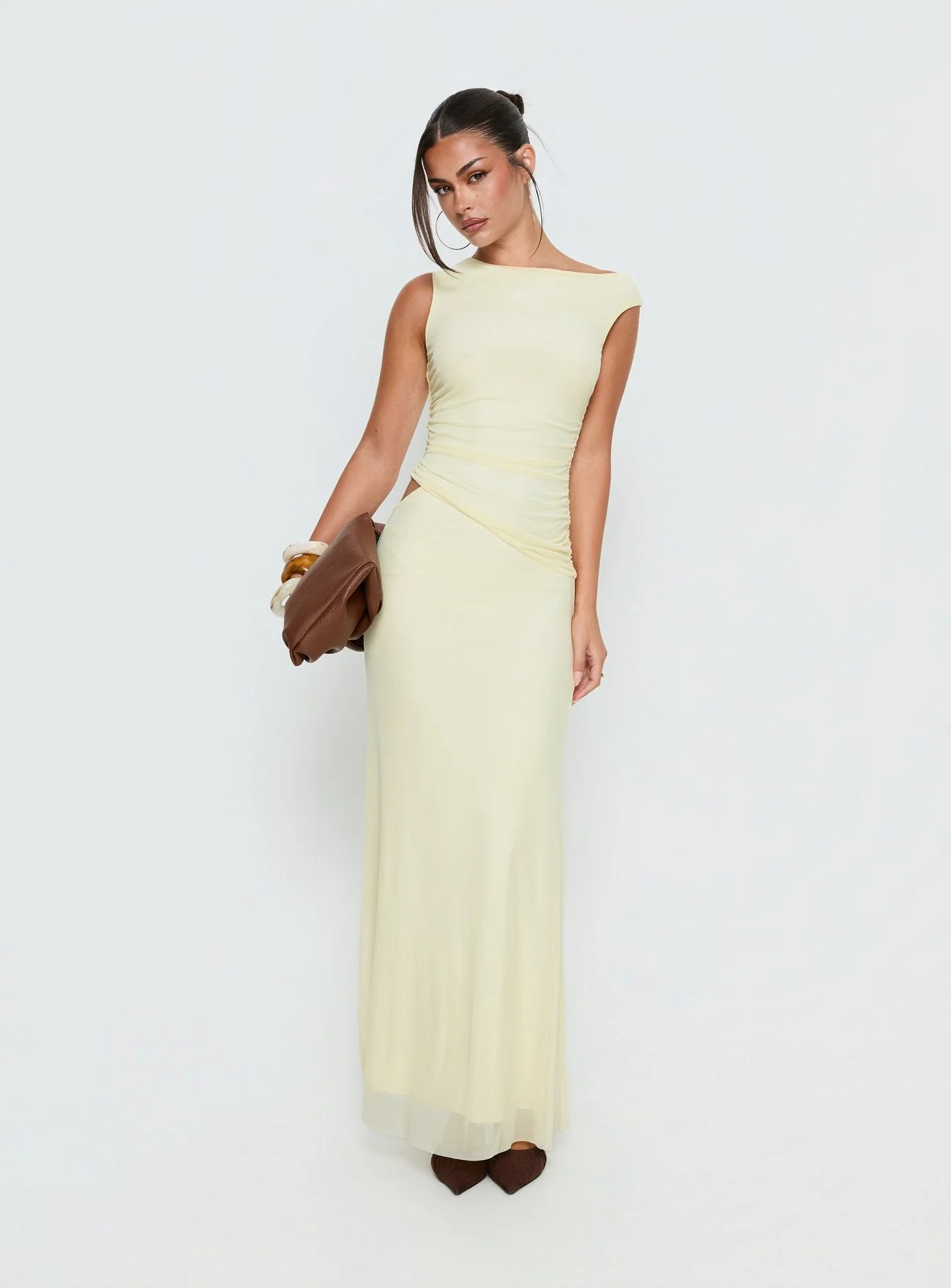 Krystyna Off Shoulder Ruched Mesh Maxi Dress Butter - Image 2