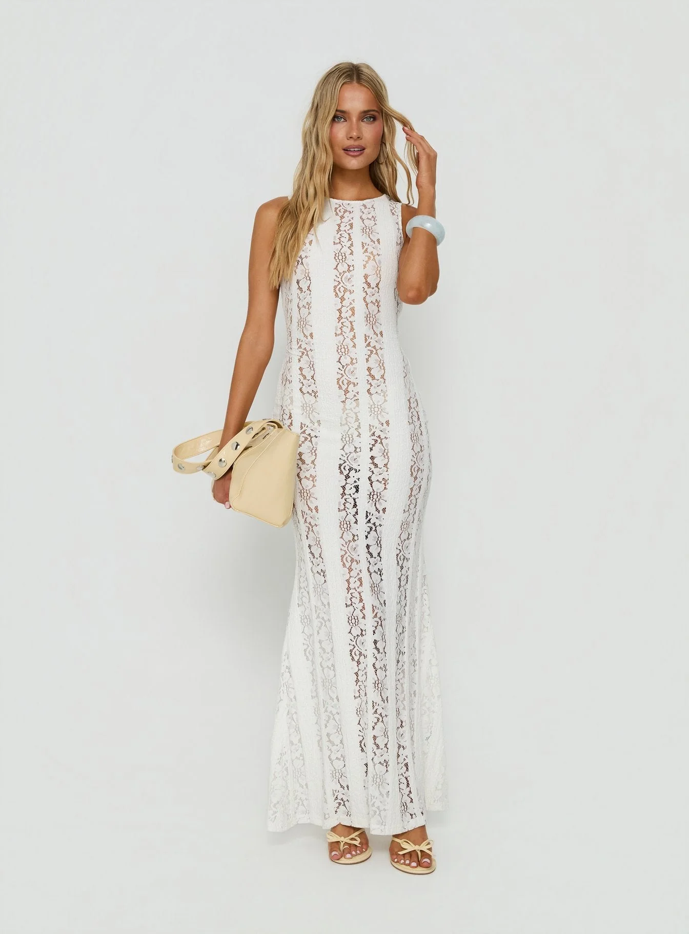 Laurenza Sheer Lace Maxi Dress Off White - Image 2