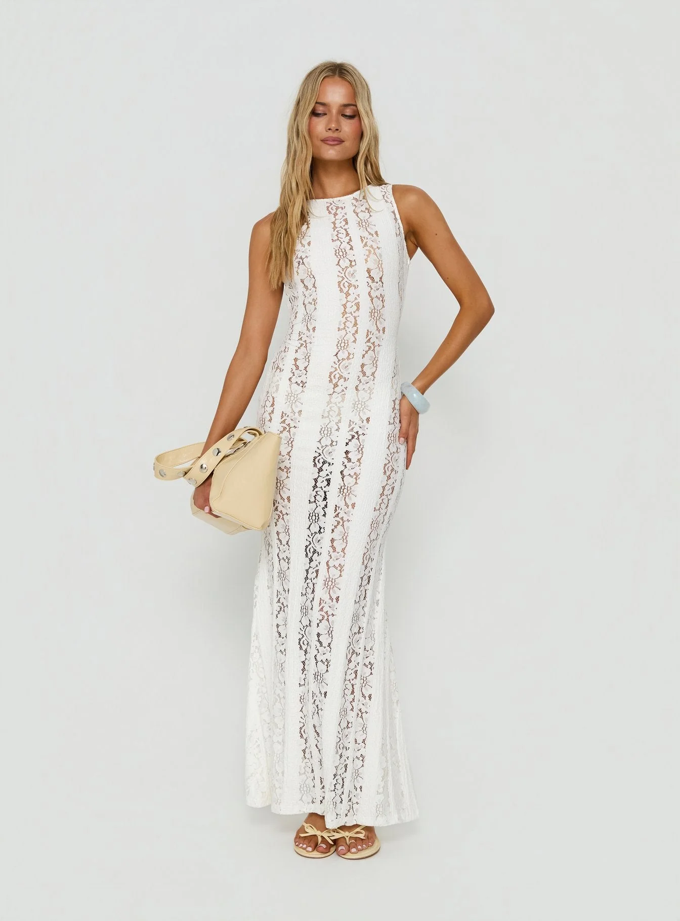 Laurenza Sheer Lace Maxi Dress Off White - Image 3