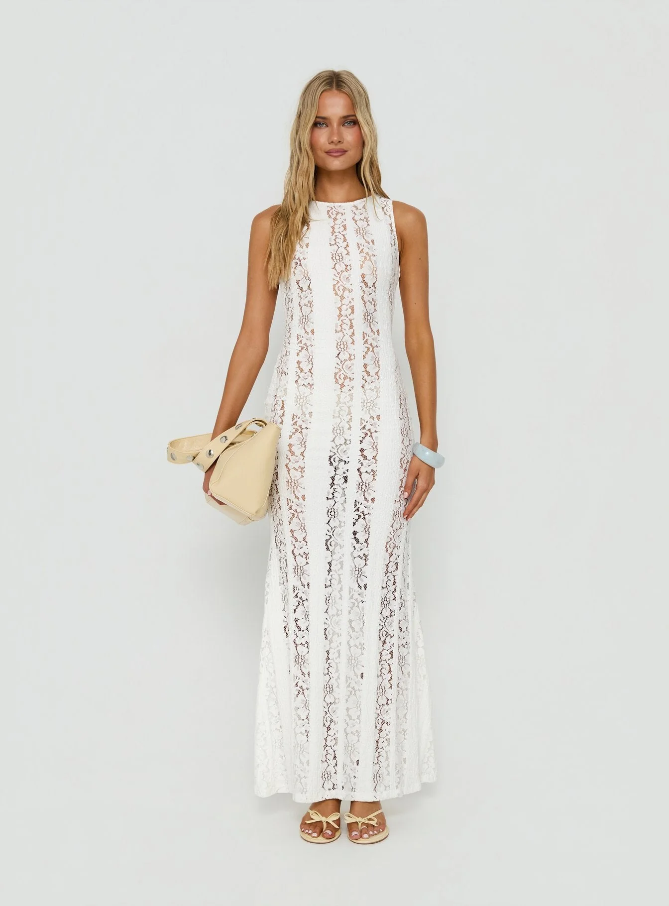 Laurenza Sheer Lace Maxi Dress Off White - Image 7
