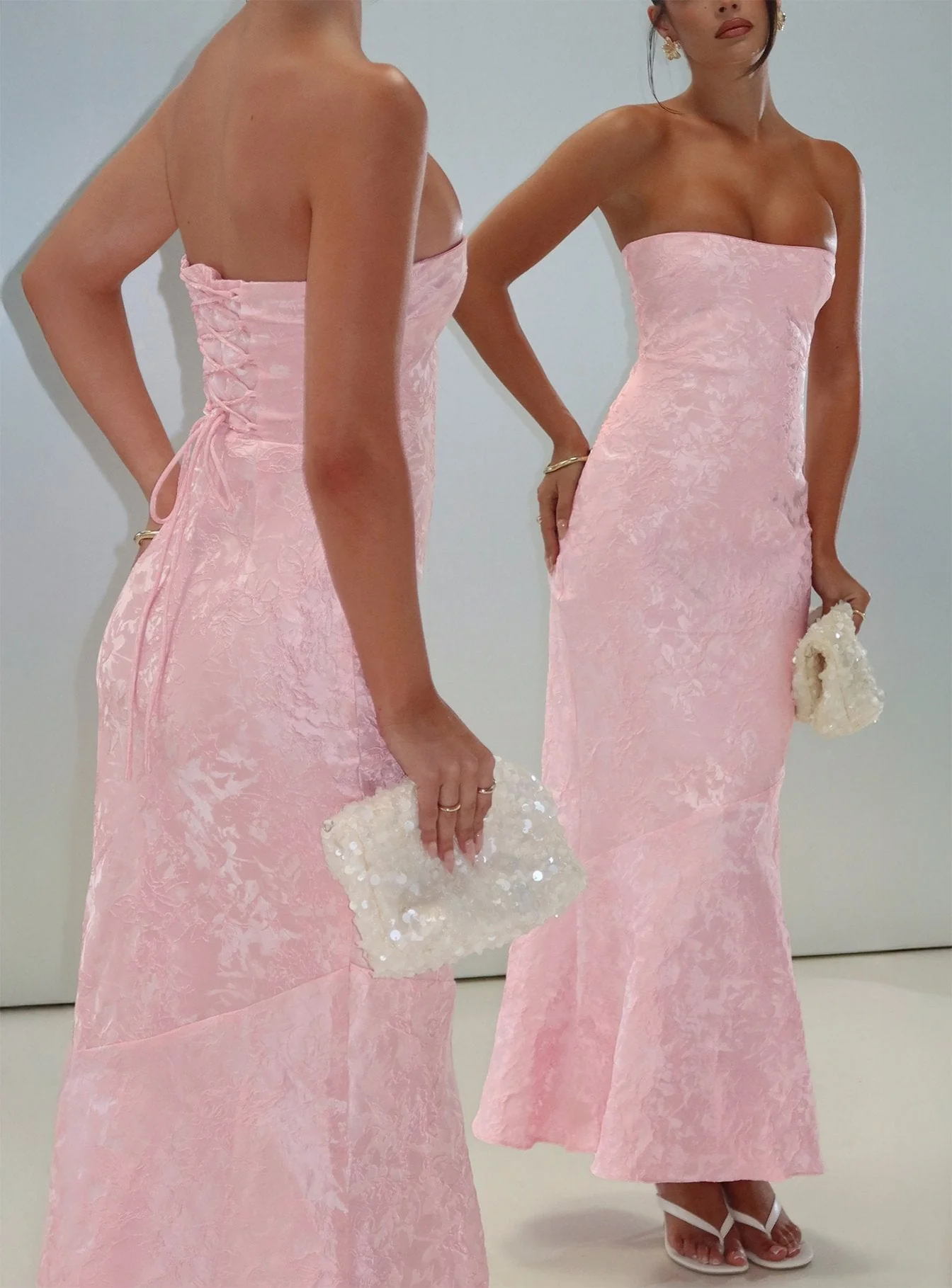 Lips Are Sealed Strapless Lace-Up Back Maxi Dress Pink - Image 10