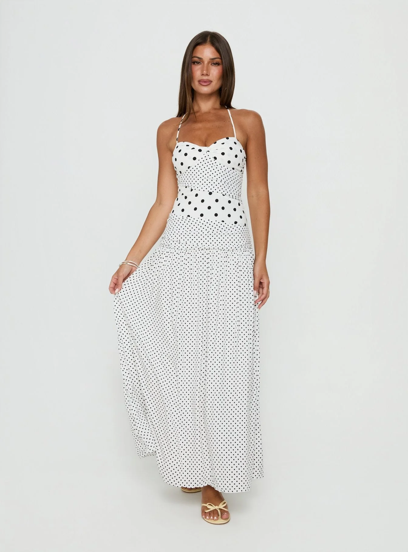 Marguerite Halter Maxi Dress White Polka Dot - Image 3