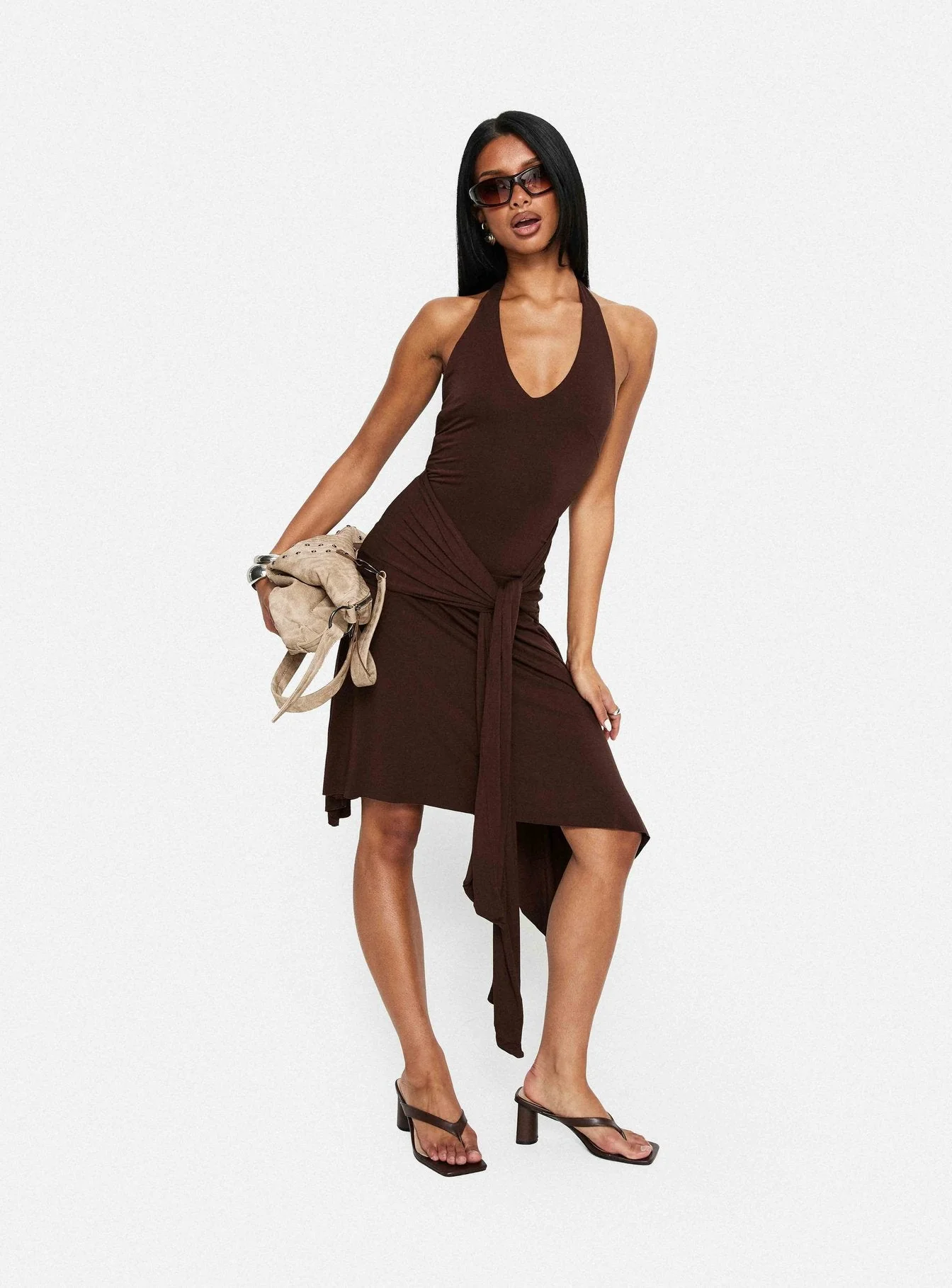 Moonlit Honey Asymmetrical Halter Jersey Midi Dress Chocolate - Image 8