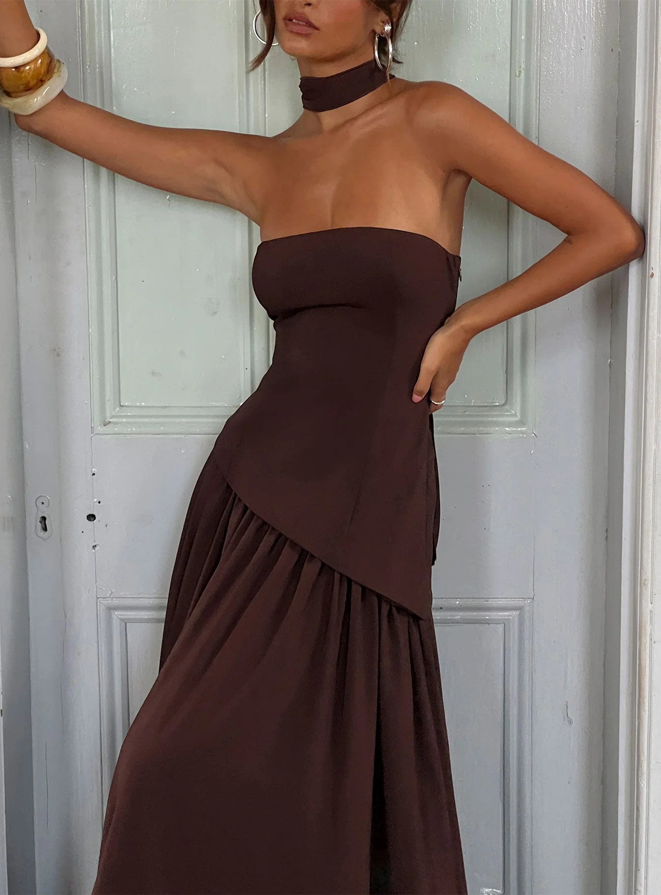 Odela Strapless Scarf Drop Waist Maxi Dress Chocolate - Image 10