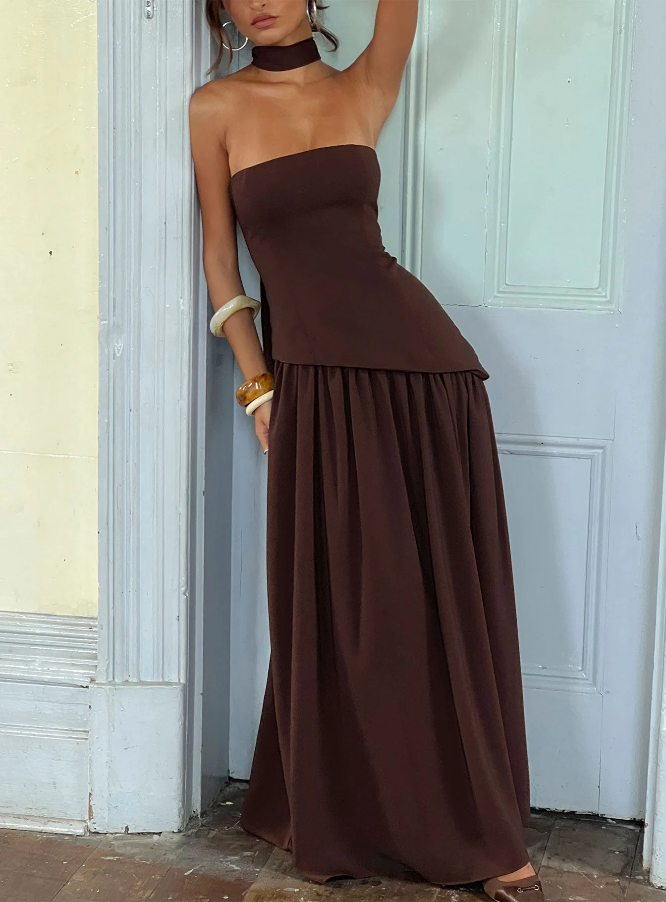 Odela Strapless Scarf Drop Waist Maxi Dress Chocolate - Image 11