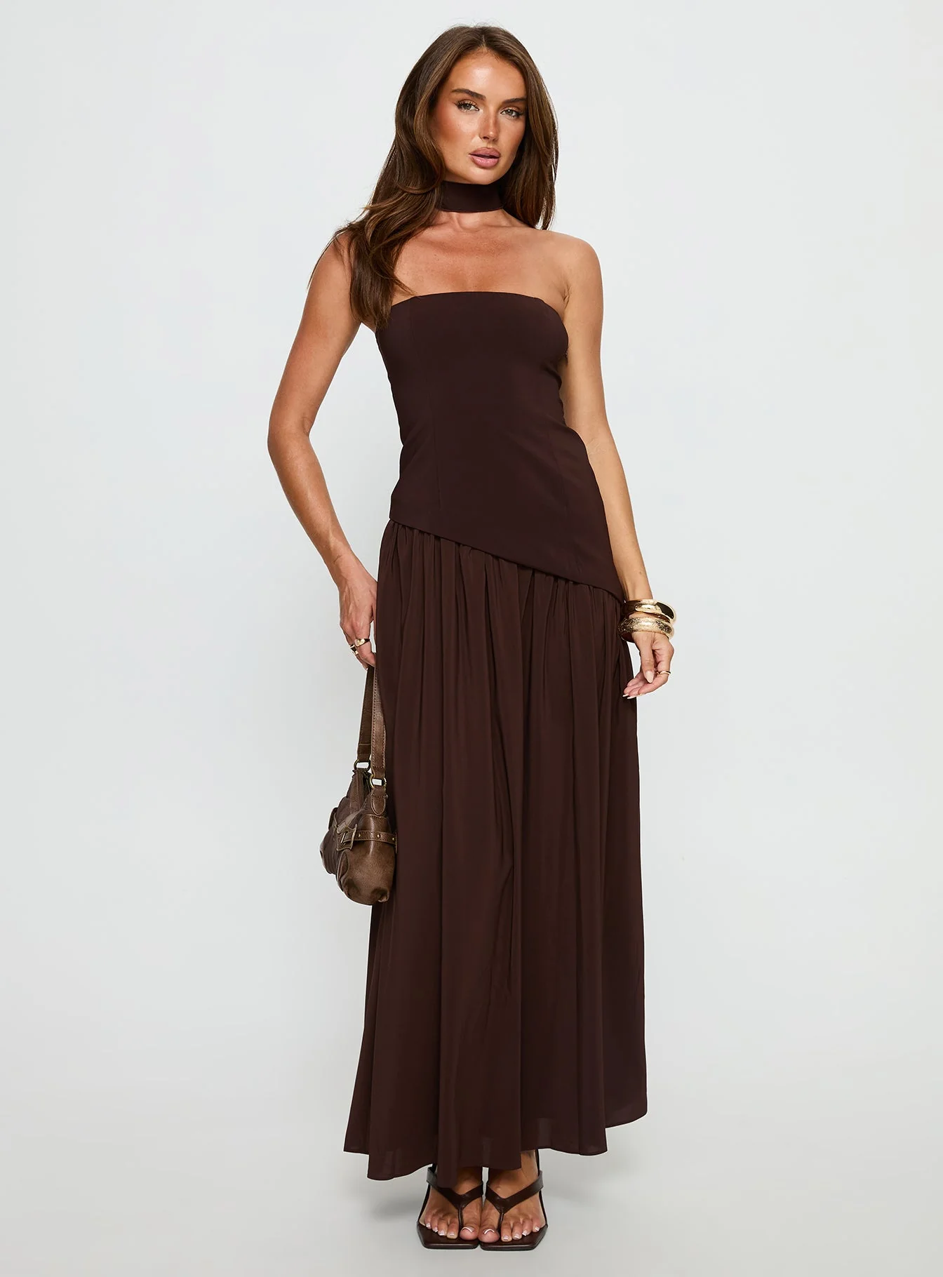 Odela Strapless Scarf Drop Waist Maxi Dress Chocolate - Image 2