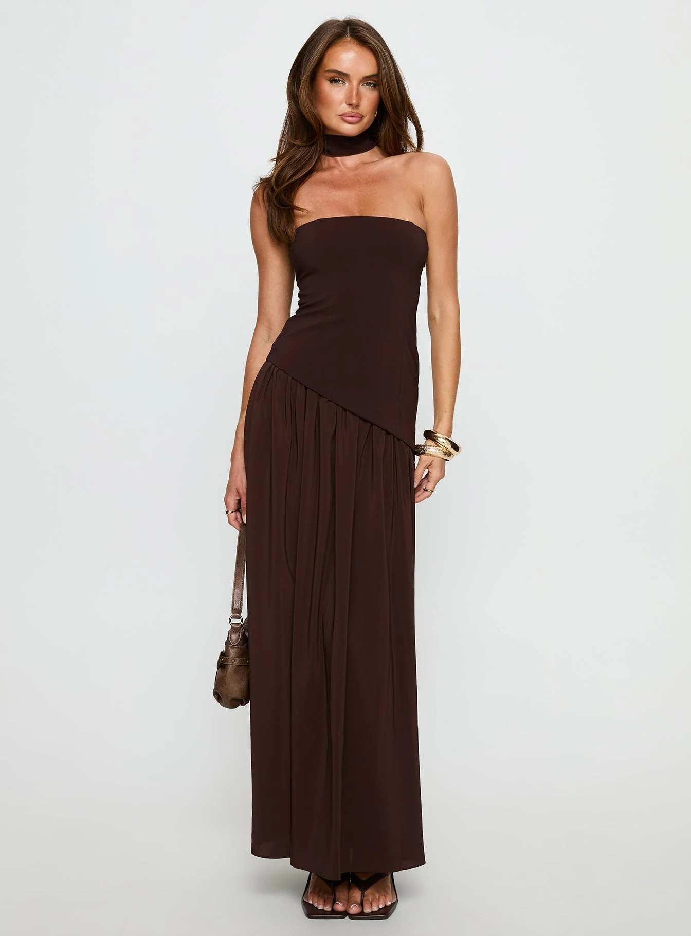 Odela Strapless Scarf Drop Waist Maxi Dress Chocolate - Image 3
