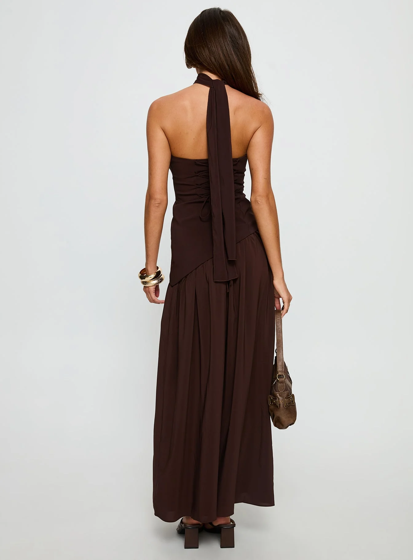 Odela Strapless Scarf Drop Waist Maxi Dress Chocolate - Image 5