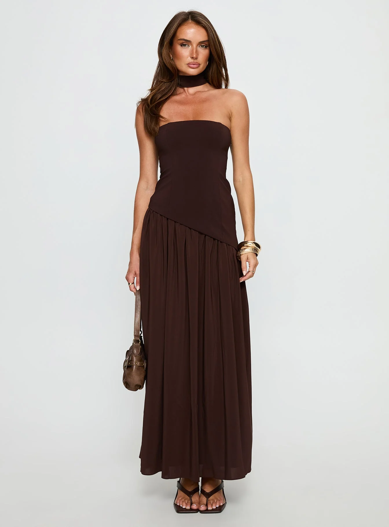 Odela Strapless Scarf Drop Waist Maxi Dress Chocolate - Image 7