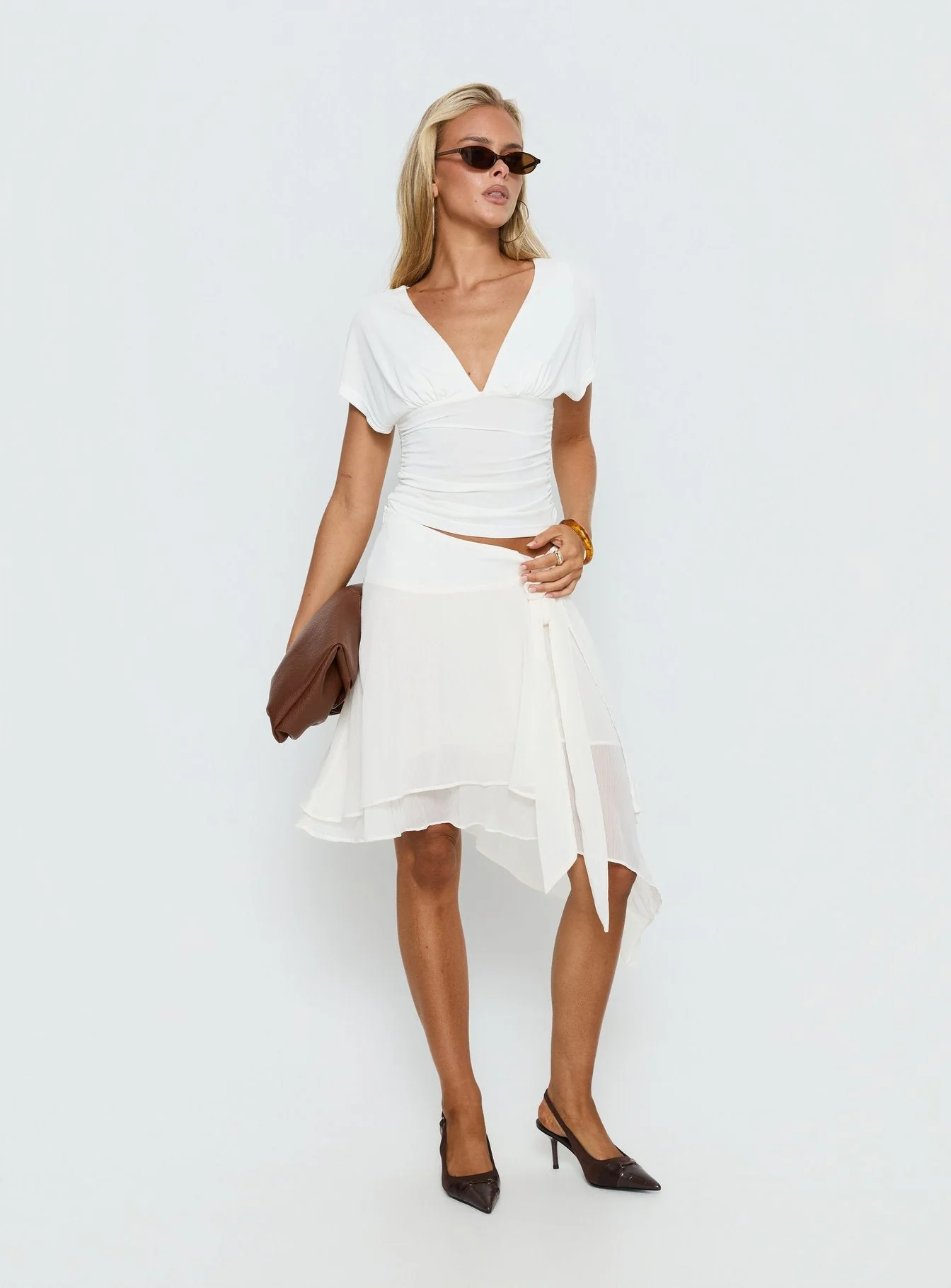 Ophella Tie Waist Chiffon Midi Skirt Cream - Image 2