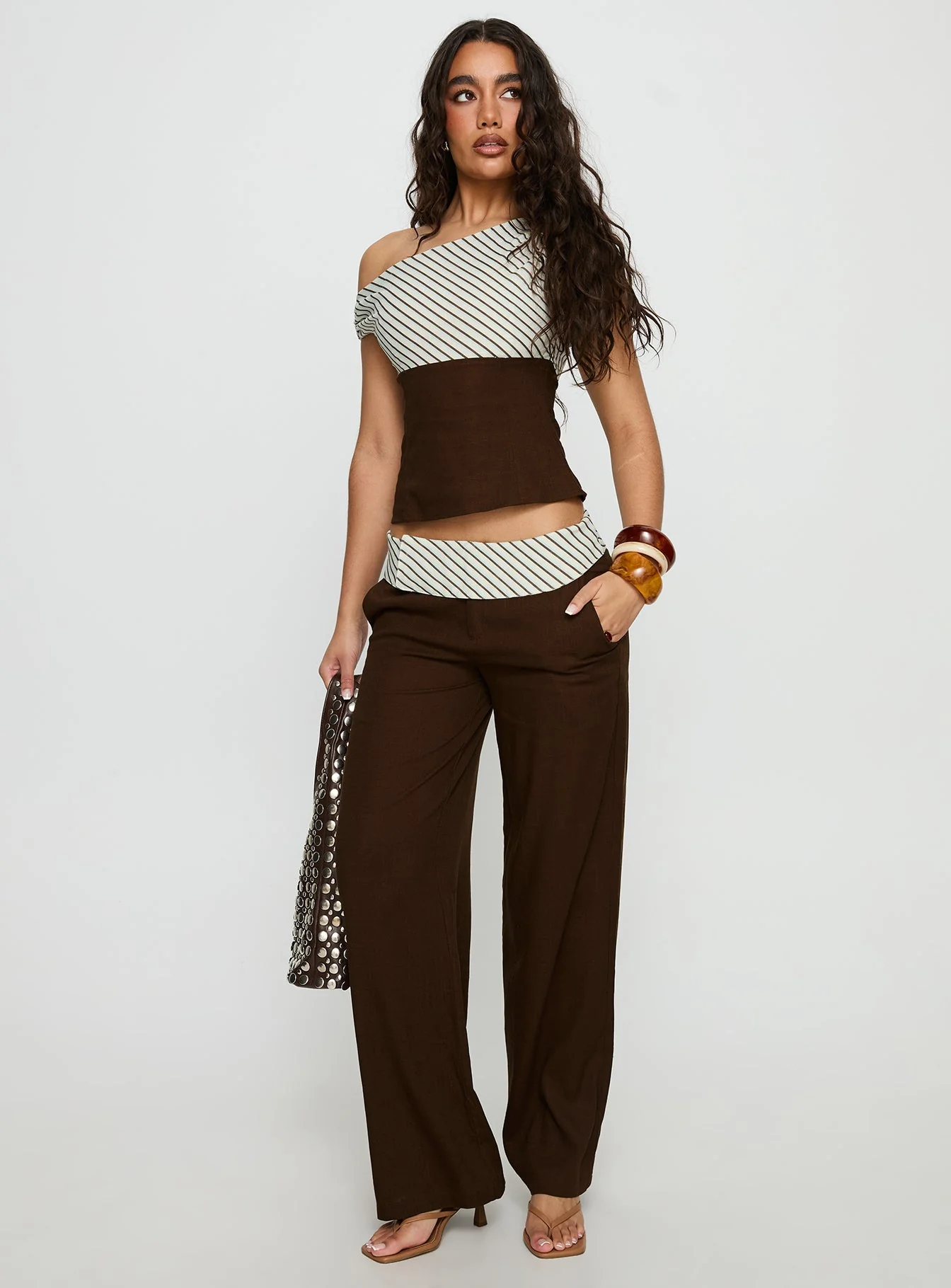 Past Life Fold Over Waistband Trousers Brown / Stripe - Image 3