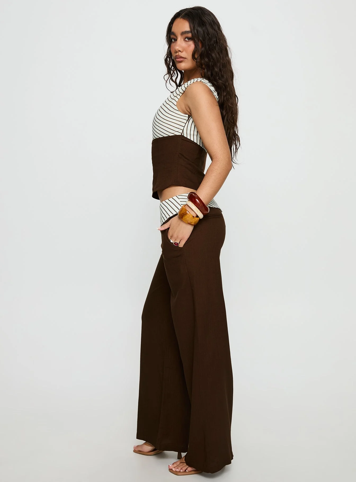 Past Life Fold Over Waistband Trousers Brown / Stripe - Image 4