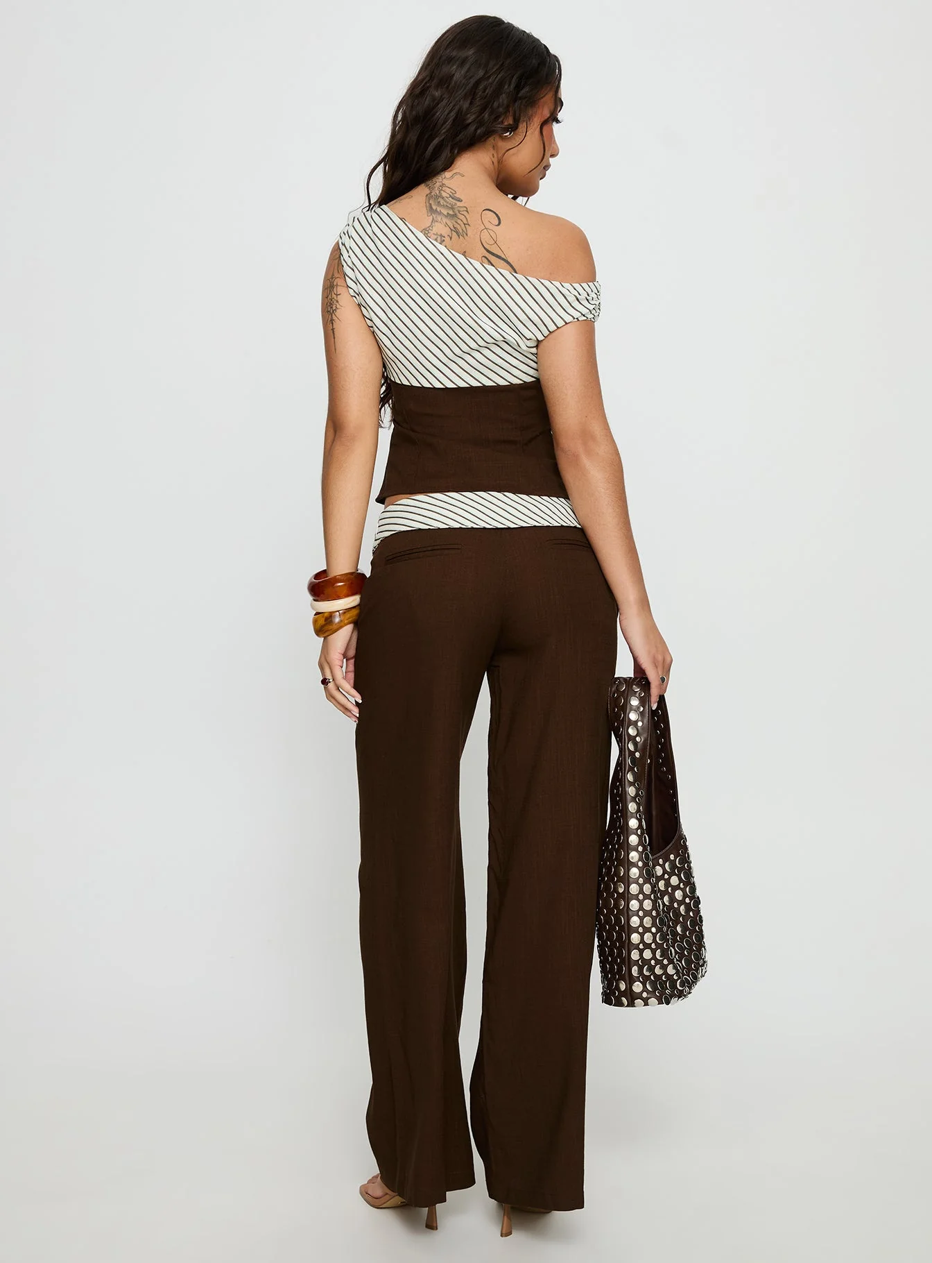 Past Life Fold Over Waistband Trousers Brown / Stripe - Image 5