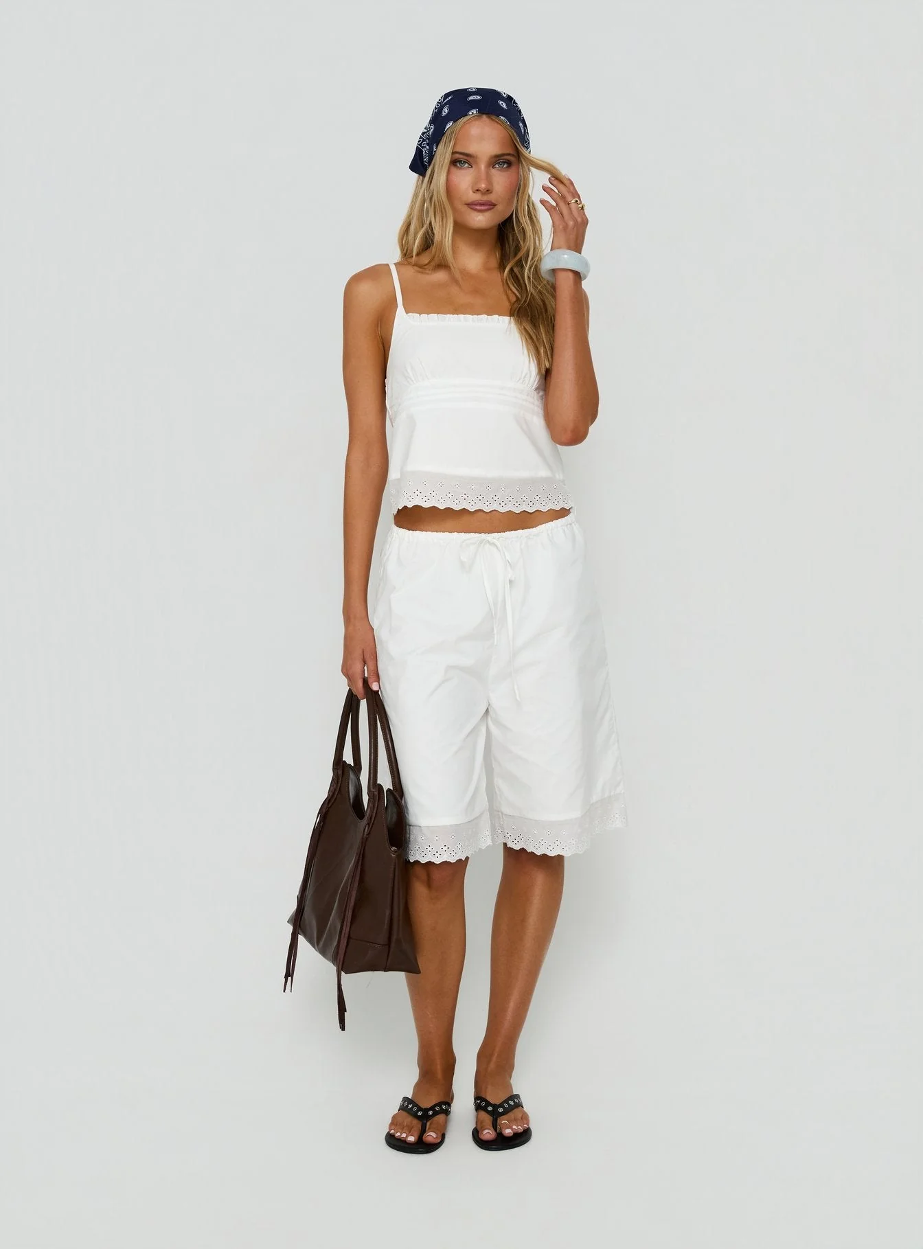 Sakai Broderie Detail Longline Shorts White - Image 2